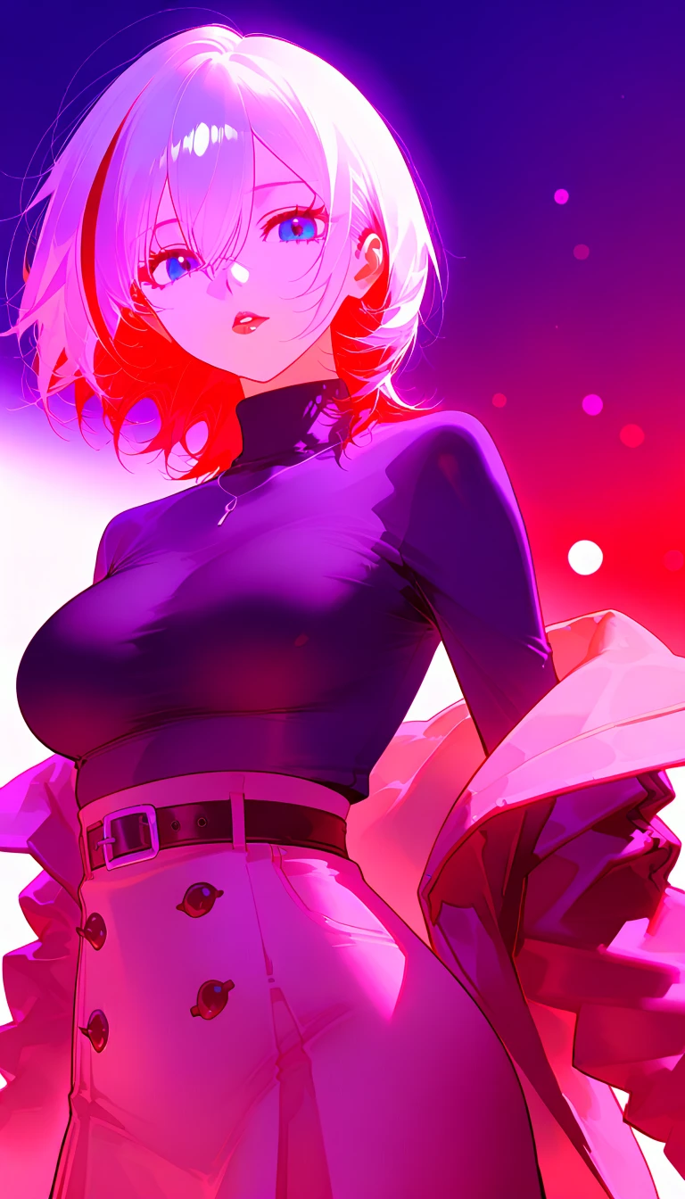 (highest quality:1.2), a 20-years-old girl is kneeling, reclaiming herself from brainwashing, being embarrassed, covering chest and crotch with hands, front view, looking forward,  a photorealistic cute gymnast, beautiful face, European face, heavily make-up face, noble face,  large eyes with heavy dark eyshadow, dark blue eyeline, bloody-red lip, open mouth with surprised, shameful face, Short-cut pink hair, upper body portrait above knees, wearing long sleeve  leotard,tight-fitting and extra shiny black leotard, wearing fishnet bodysuits, wearing red belt