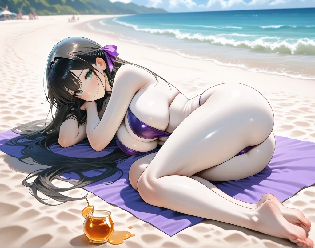 private beach.on the deck chair,from above,(sleep ((on stomach))),1dirl(bikini ((topless)),bikini tan:2.0,gleaming skin,)