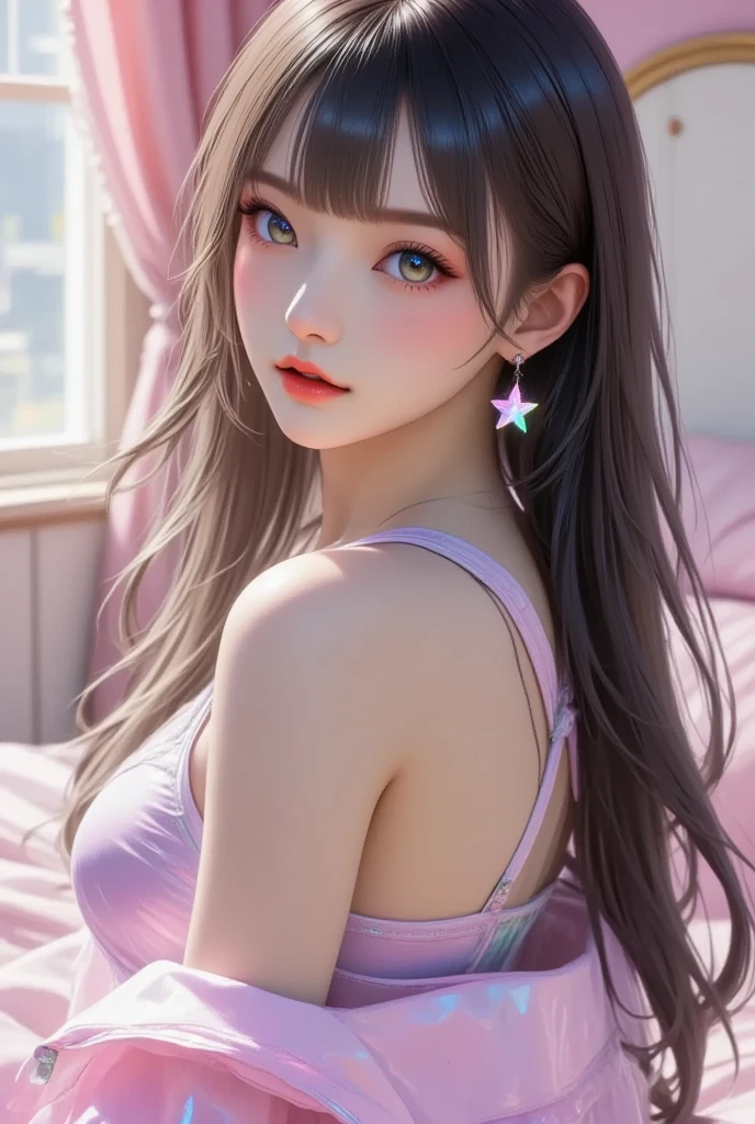 ((Masterpiece)), 1girl, transparent black body, angelic face, incredibly beautiful eyes, angelic face, super delicate and sexy body, sexy pose, ulzzang, super fine face, delicate features, ultra detailed, best quality, captivating beauty, sexy look, futuristic background, stuffed animals and stars, spectacular