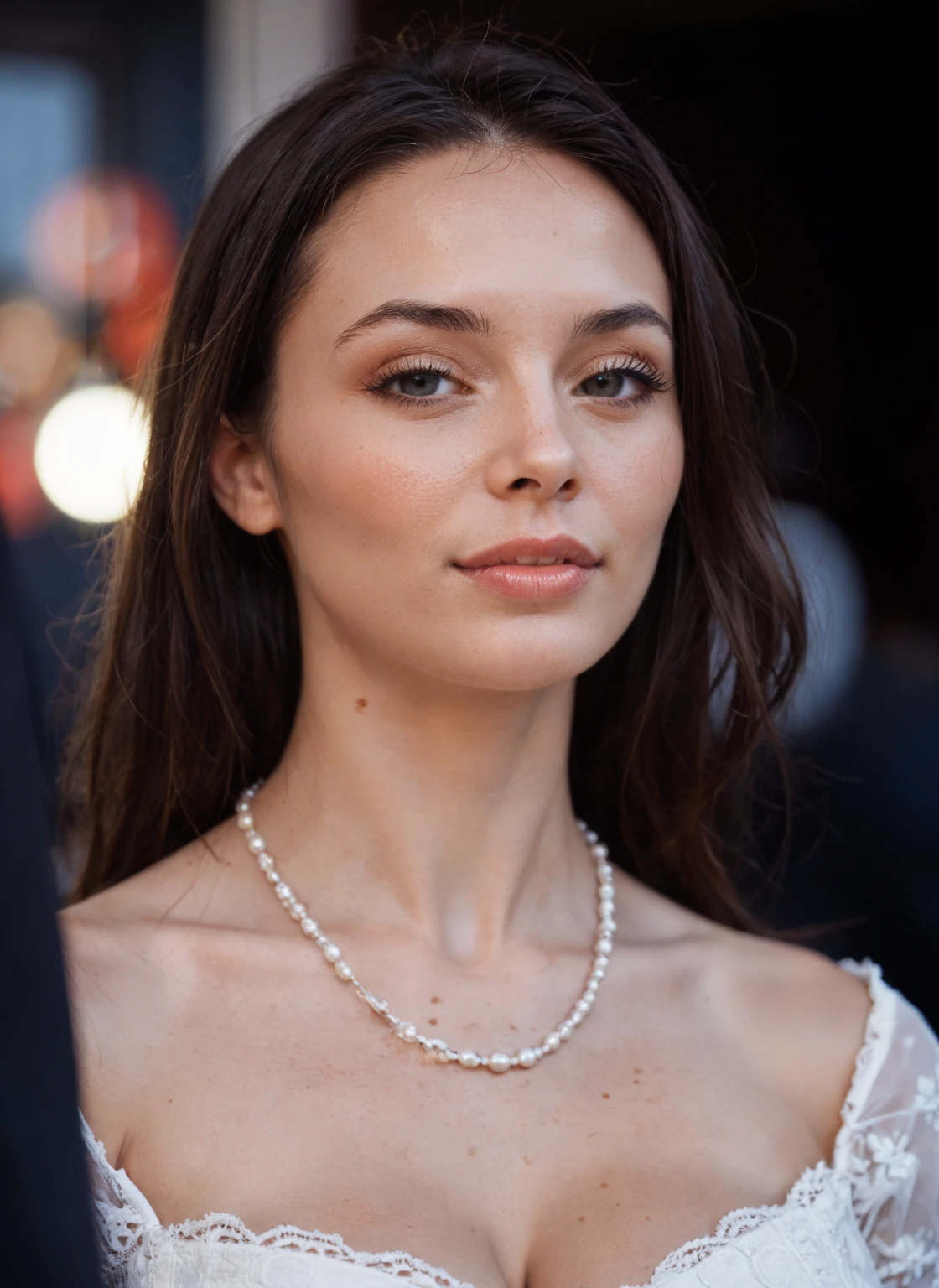 Kate, ripped muscle, muscular body, pale skin, smile(blush), lace nightgown, thin necklace, [ultra detailed skin:1.2], 8k uhd, full body, stand, sweat, cum on face, crowd, public, night,