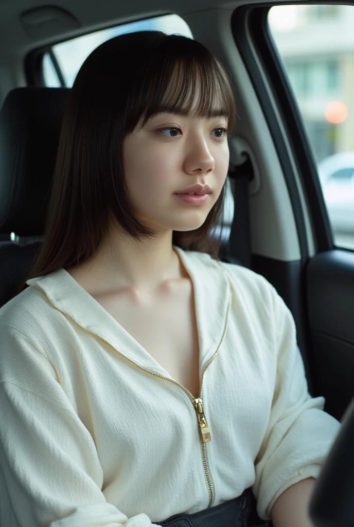 Japanese female bikini In the car Sitting in the passenger seat Photo taken from the driver's seat Big Breasts Wearing a disposable mask Not looking at the camera H cup breasts Bigger disposable mask around the car Non-woven mask Plump Shy laugh Big Ass Perfect Fingers