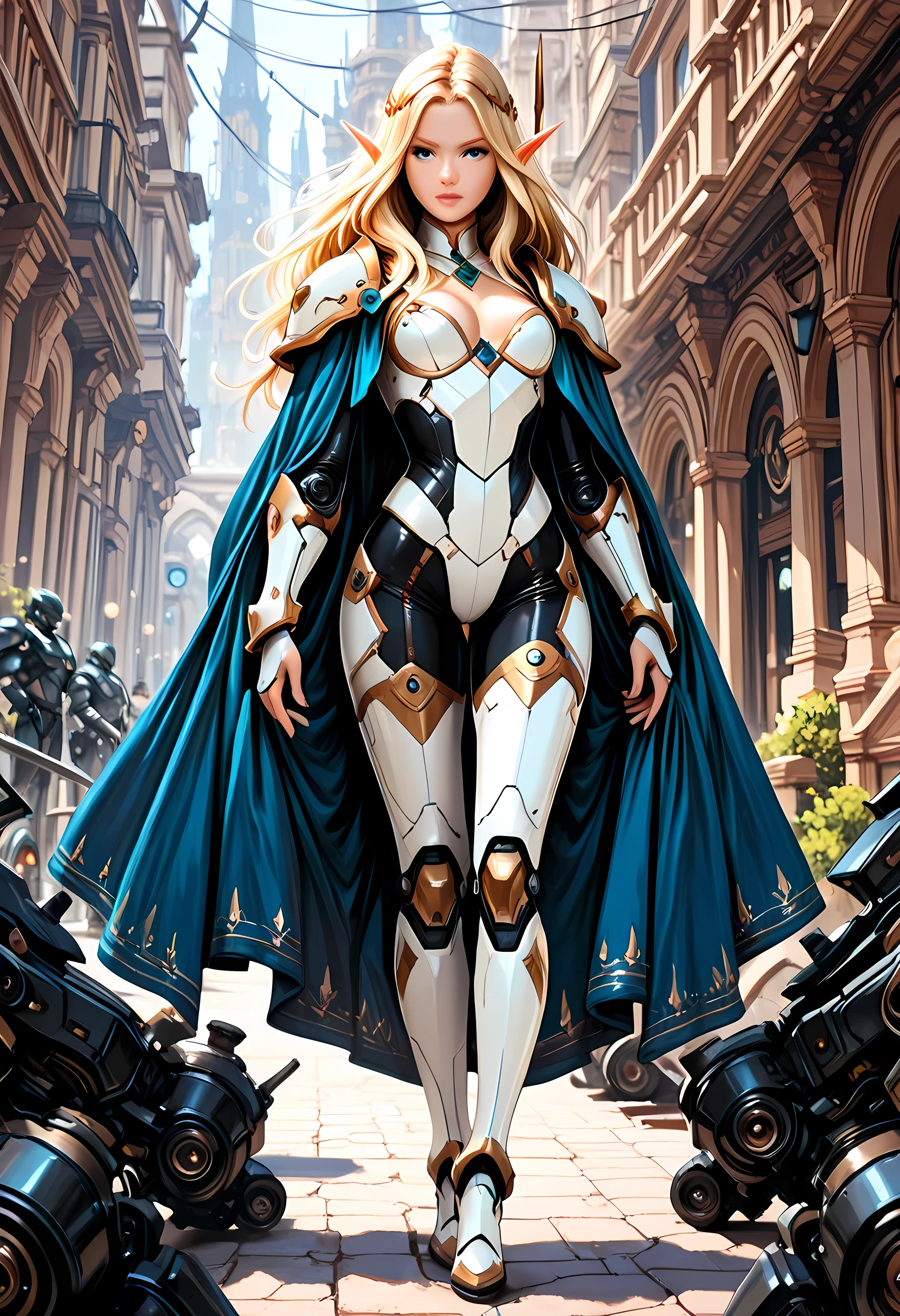 a picture of a mech female elf mecha model, full body, epic beautiful female elf, blond hair, long hair, billowing hair, small pointed ears, wearing  blue cloak, long cloak, wearing elven intricate white mecha armor, delicate mech armor, shiny rubies studded in the armor,  small cleavage, sense of elite fashion, sense of adventure, Spacepunk catwalk background, high details, best quality, 16k, [ultra detailed], masterpiece, best quality, (extremely detailed), dynamic angle, ultra wide shot, photorealistic, RAW, fantasy art, realistic art,((best quality)), ((masterpiece)), (detailed), perfect face, Mechanical parts, fantasy, niji, gothic, erotic, anime