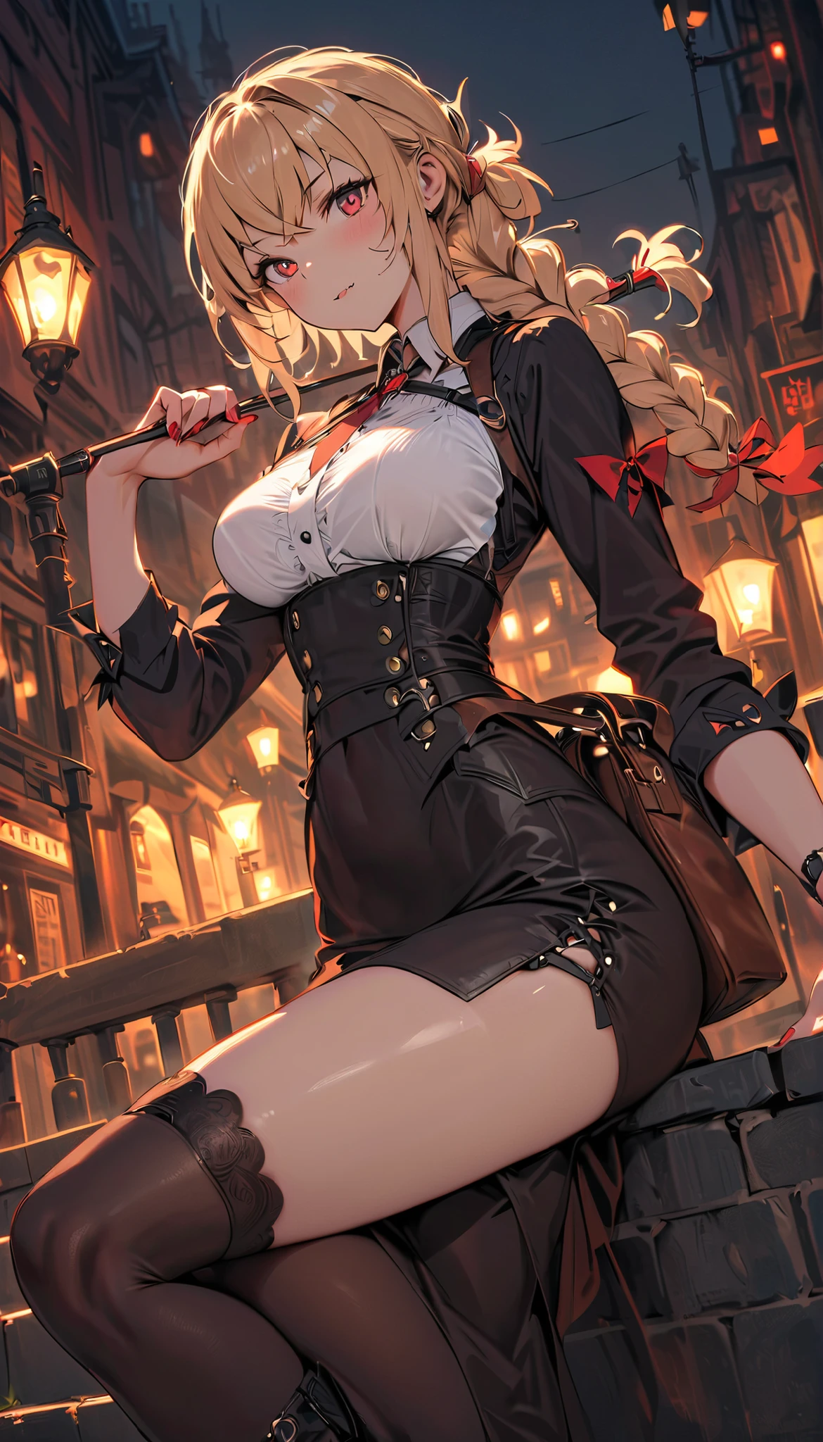 best quality, masterpiece, high resolution, ultra HD, RAW photo, 8K, cinematic lighting, glowing crimson red eyes, pale ivory skin with a moonlit glow, long golden blonde hair in a thick braid tied with a blood-red ribbon, subtle fang, elegant and confident expression, blush
slim and mature petite figure, toned college-age proportions, narrow waist, small bust, full hips, balanced anatomy, no like features
wearing sleek and elegant gothic casual wear: deep red satin blouse with long sleeves and lace cuffs, high-waisted black pencil skirt or flowing midi skirt with layered ruffles, sheer black tights, heeled ankle boots, delicate silver choker with red gemstone, stylish leather shoulder bag, crimson nail polish, modern vampire style
standing under city lights on a stone walkway, glowing gothic architecture in background, full moon above, soft fog and red ambient light, modern but fantasy-inspired gothic atmosphere