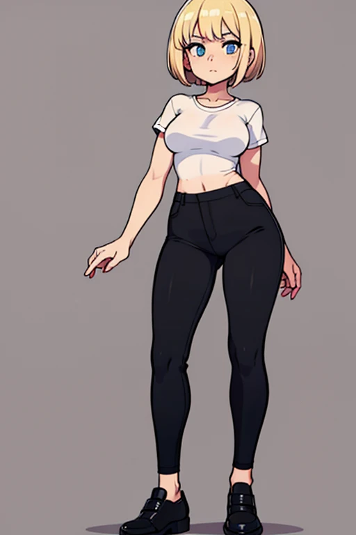 Full body image of a female version of Toji Fushiguro from Jujutsu Kaisen, full body in image, wearing his original outfit (black sleeveless shirt and pants), short dark hair, female body, muscular and tall body, dynamic pose, detailed pose, simple background, expressive face showing intensity, focus on face, line art, sketch