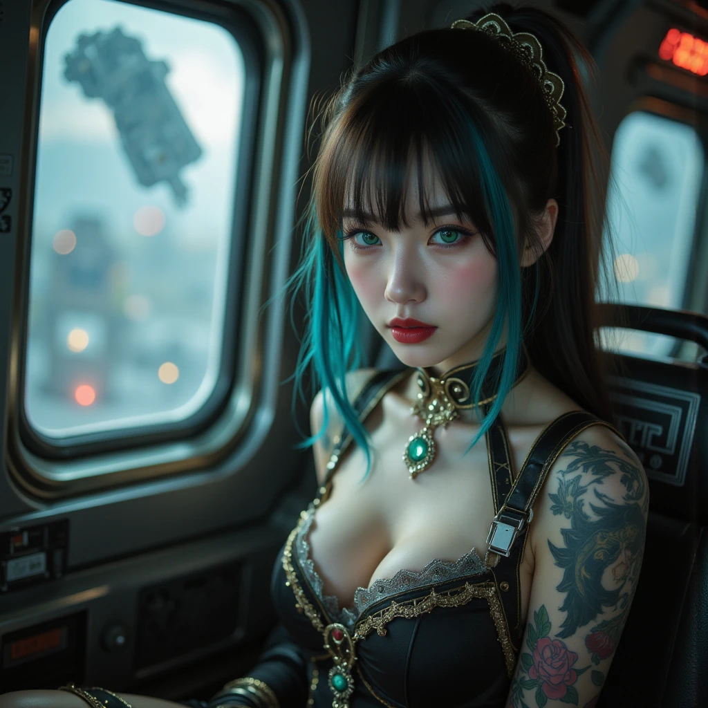 bokeh, masterpiece, analog photo, RAW, ultra detailed background, beautiful high school girl, Light brown long hair, Light brown beautiful eyes, Blushed face, (Japanese idol:1.5), Plump breast, (steam punk:1.4), Looking at the viewer, cowboy shot, sunset train