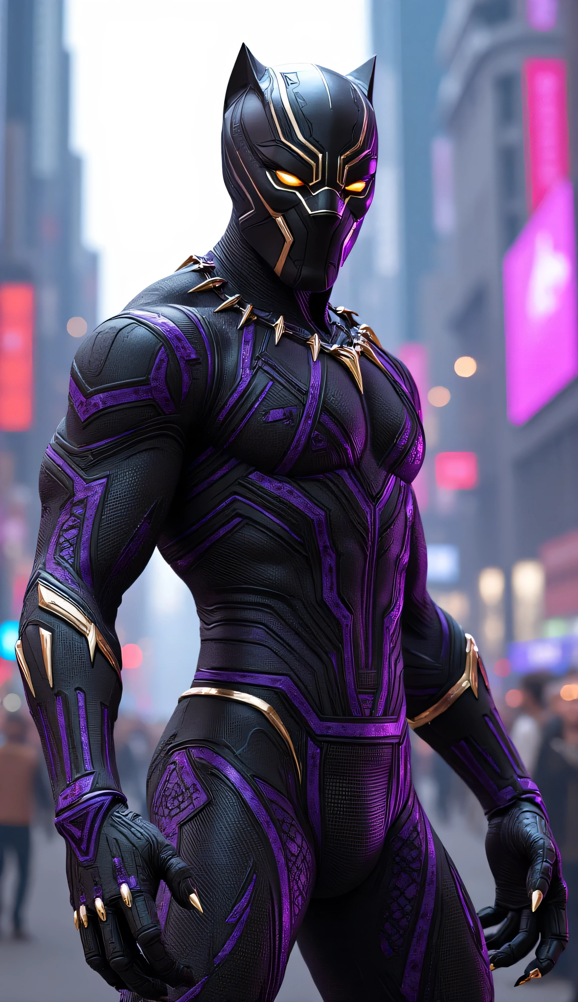 A hyper-realistic and anatomically correct depiction of a futuristic warrior inspired by Black Panther, wearing an intricately detailed suit in white and gold. The suit features ceremonial African patterns etched purple into armor plates over sleek black material, with panther-like contours and sharp feline accents. The character is in a dynamic combat pose, ready to strike, muscles tensed and defined under the suit. Glowing golden eyes, fierce expression. The background shows a vibrant, high-tech Wakandan cityscape, with futuristic architecture and energy patterns. Dramatic lighting and cinematic atmosphere, extremely detailed textures and anatomy.