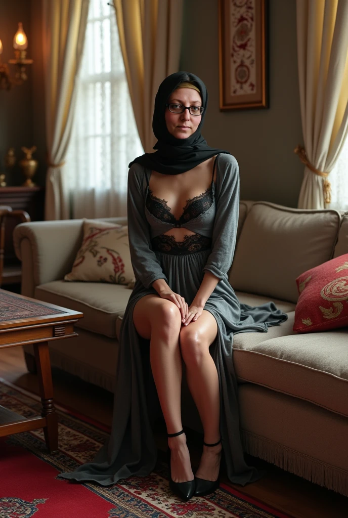 Smile (Transparent lace hijab), The 65-year-old mother is naked, her body is very thin , (Sitting), (High Quality), (4k resolution), "G-String", (Spectacles)
