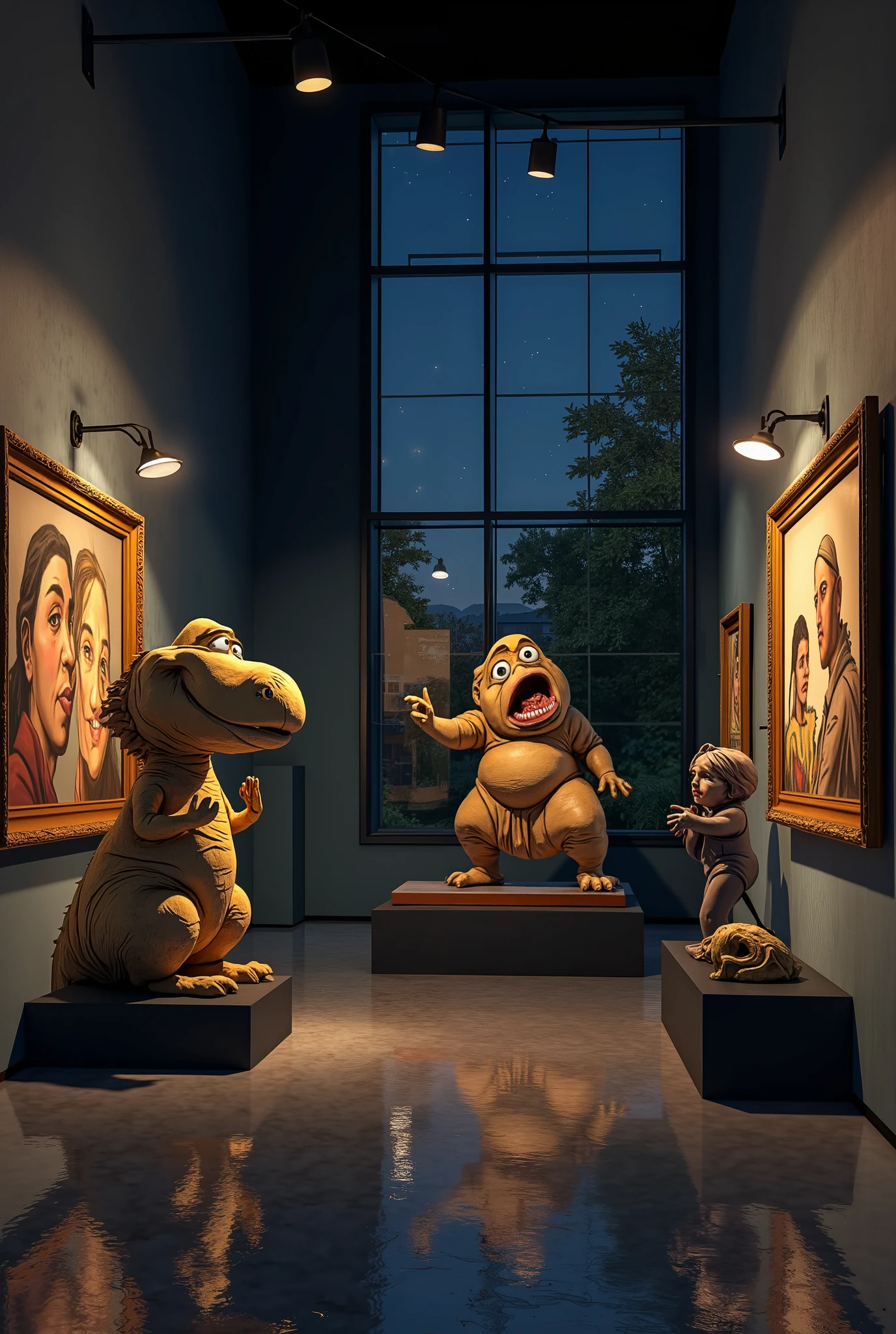 **Description:**
Create a modern gallery at night, in which the exhibits come alive and depict funny situations.
### Details:
1. **Umgebung:**
- **Architektur:** modern and minimalistic, large window, dark walls.
- **Beleuchtung:** Strategic spotlights emphasize the exhibits, soft light creates shadows.
2. **Lively exhibits:**
- **humorous presentations:** exhibits show funny scenes, z. B. eine Statue, die tanzt, or a painting, that reacts with exaggerated facial expressions.
- **Quirky interactions:** Dinosaurier, the coffee drinks, or a statue on a skateboard.
3. **Interactive elements:**
- ** light and shadow :** Strange effects due to moving shadows.
- **dynamic movement:** Exhibits seem to move, z. B. rolling eyes.
4. ** atmosphere:**
- **Humorous mood:** Light fog with shimmering points of light.
- **Farben:** vivid palette, that underlines the comedy.
5. **Emotional response:**
- **Laughter and wonder:** Einladende atmosphere, that encourages you to discover the funny details.
6. **Challenge for the viewer:**
- **Funny notes:** Humorous puzzles in the exhibits, that invites you to laugh.
### Technical Details:
- **Bildformat:** High resolution for clear details.
- **Fokus:** On humorous, lebendige