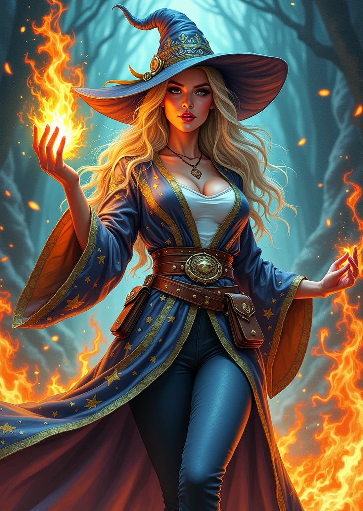 Pussy, best quality, (beautiful face: 1.1), (realistic: 1.5) (blonde witch, marischa becker, 30 years old woman, fire magic: 1.3), upper body