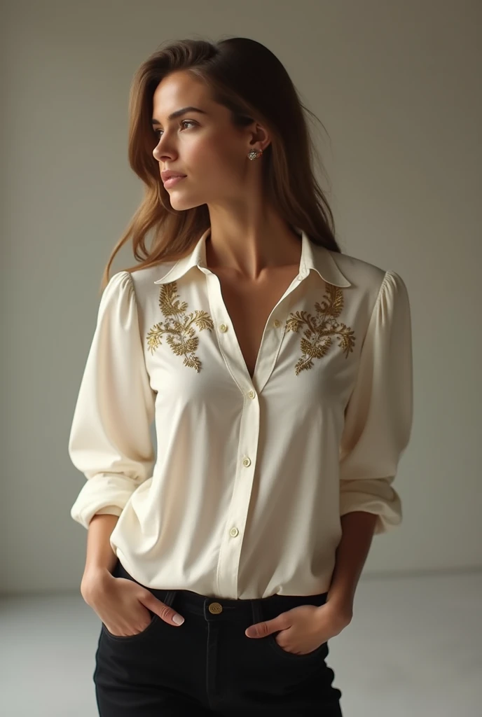 European blonde model in beige trousers, 22 years old