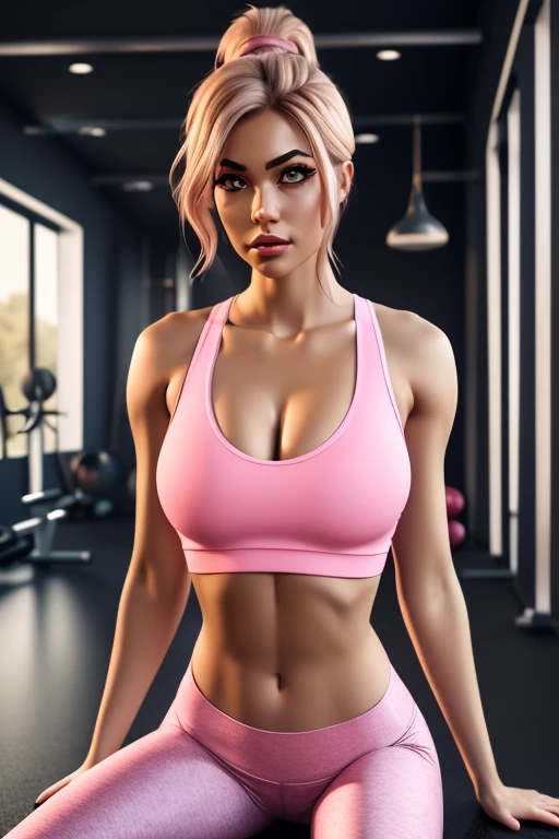 a young girl in a sport wear pink shiny crop top outfit ,tight skinny pant ,short white hair, anime colored , body barbie doll, photorealistic ,hyper realistic, beautiful belly breasts,large breasts, action pose ,gym background