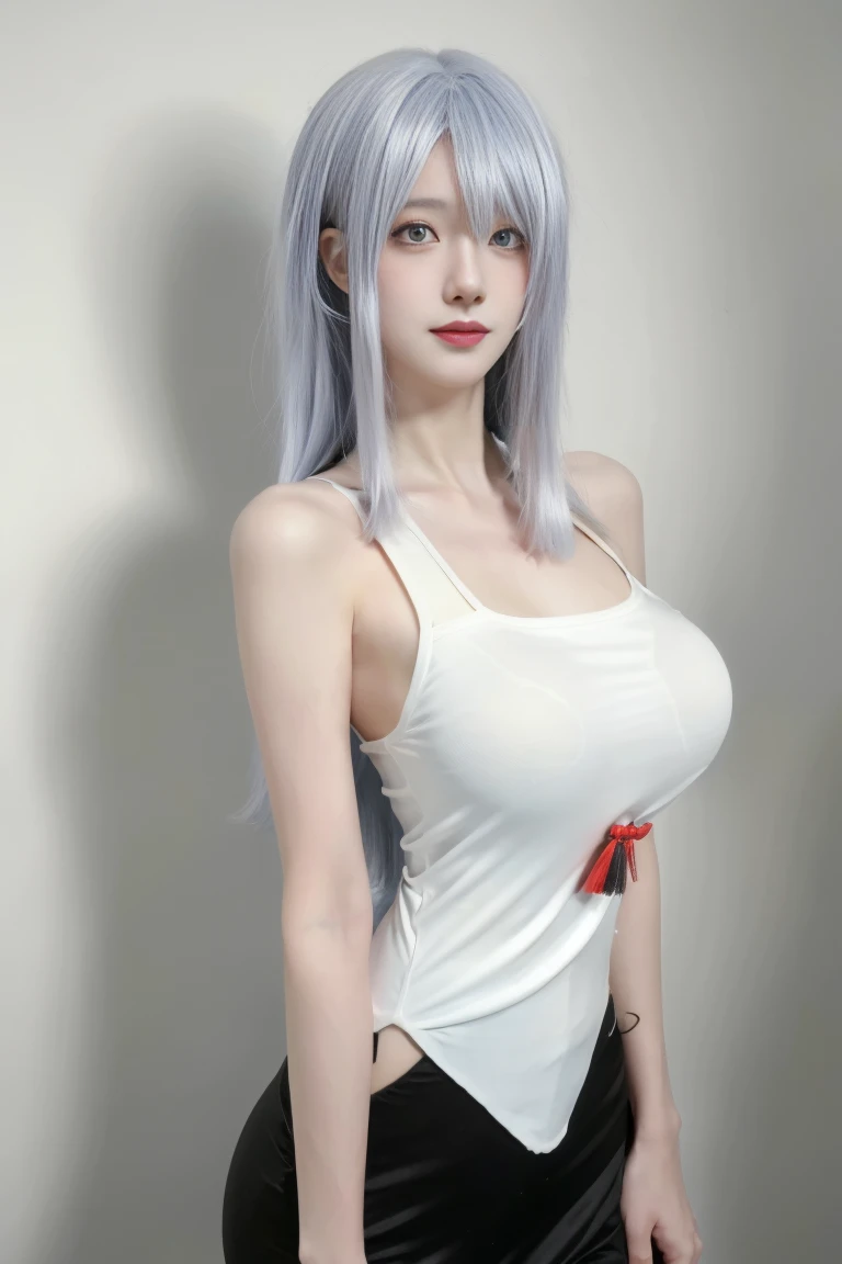 1girl, , medium round breasts, grey hair,silver long messy hairstyle, blue eyes, attractive, seductive, standing in forest, looking up from below, smiling sweet, ((torn tanktop: 1.5)), top hourglass body, ((perfect pussy)), bare Belly, detailed face, detailed eyes, perfect pussy, , shiny skin, looking at the audience, (8k, RAW photo, best quality, masterpiece: 1.2), (realistic, realistic: 1.37), ultra-high resolution, armpit, nfsw :1.5