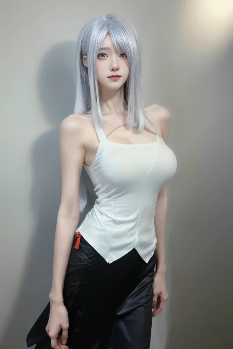 best quality, tmasterpiece,Ultra-high resolution,Clear face,(Reality:1.4),ferpect lighting,(upper body shot), (photorealistic:1.50), anime wallpaper, Guviz style artwork, cover-up fantasy up to magic , by Yang J, Guviz, beautiful artwork illustration, beautiful digital artwork, beautiful digital illustration, Li Song, beautiful anime portrait, art style in Beauvot, Tank top, Pleated skirt, standing, Arms behind back, pale skin,perfect body,shiny skin,hitman,shenhe \(genshin impact\),(hair above one eye),long hair,tassels,tassel earrings ,(close-up photos:1.1),(super giant breasts:1.3),(arms behind back),white hair,(hair ornament),