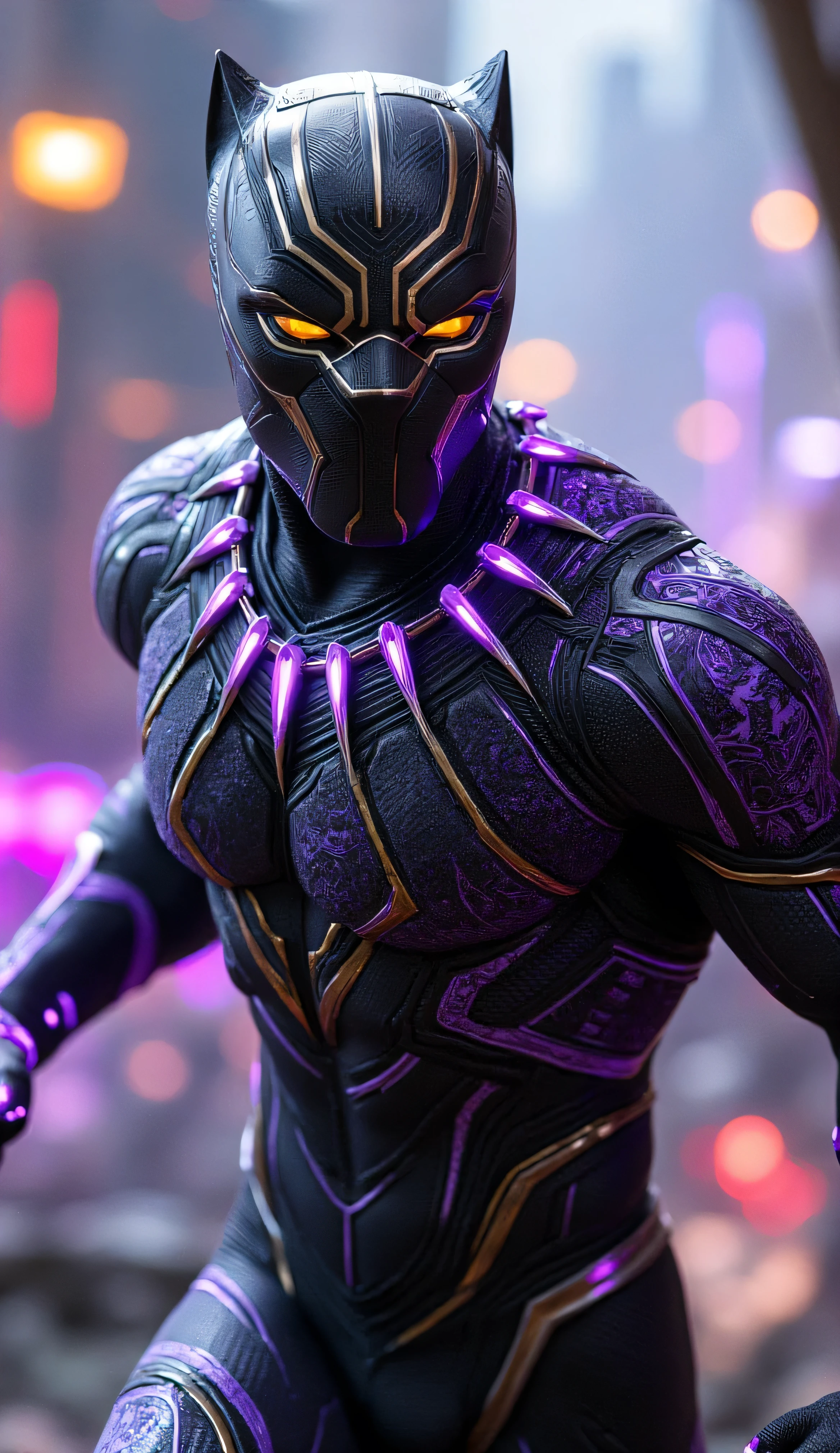 A hyper-realistic and anatomically correct depiction of a futuristic warrior inspired by Black Panther, wearing an intricately detailed suit in white and gold. The suit features ceremonial African patterns etched purple into armor plates over sleek black material, with panther-like contours and sharp feline accents. The character is in a dynamic combat pose, ready to strike, muscles tensed and defined under the suit. Glowing golden eyes, fierce expression. The background shows a vibrant, high-tech Wakandan cityscape, with futuristic architecture and energy patterns. Dramatic lighting and cinematic atmosphere, extremely detailed textures and anatomy.