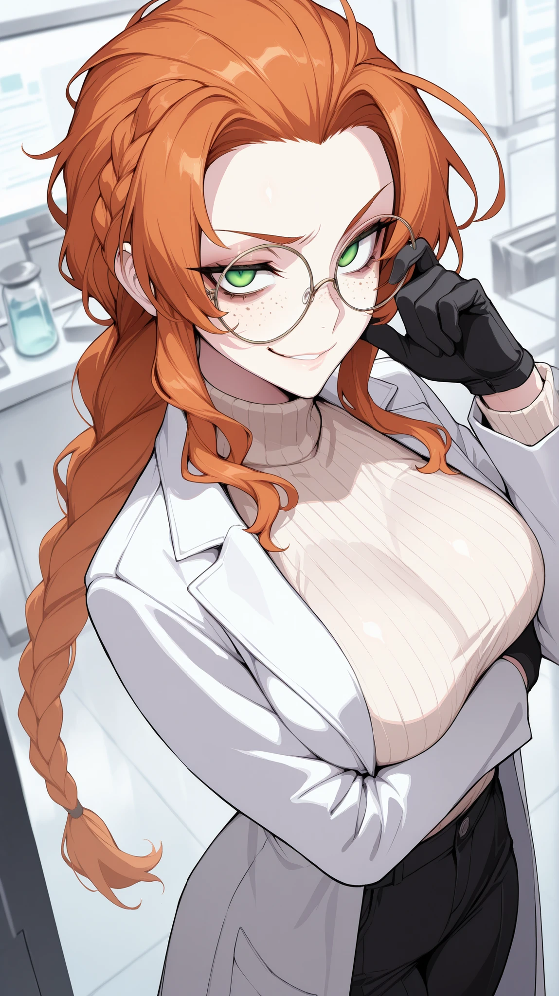 absurdres, (((Ultra HD))), (((Ultra High Quality))), ((hyper detailed)), ((Ultra High Resolution)), (Highly rendered), ((detailed eyes)), (((8K))), ((perfect face)), ((masterpiece)), solo, tall, 1girl, freckles, round glasses, orange hair, long braided ponytail, slicked back hair, smirk, green eyes, medium breasts, beige turtleneck sweater, black gloves, white doctors coat, black pants, laboratory background