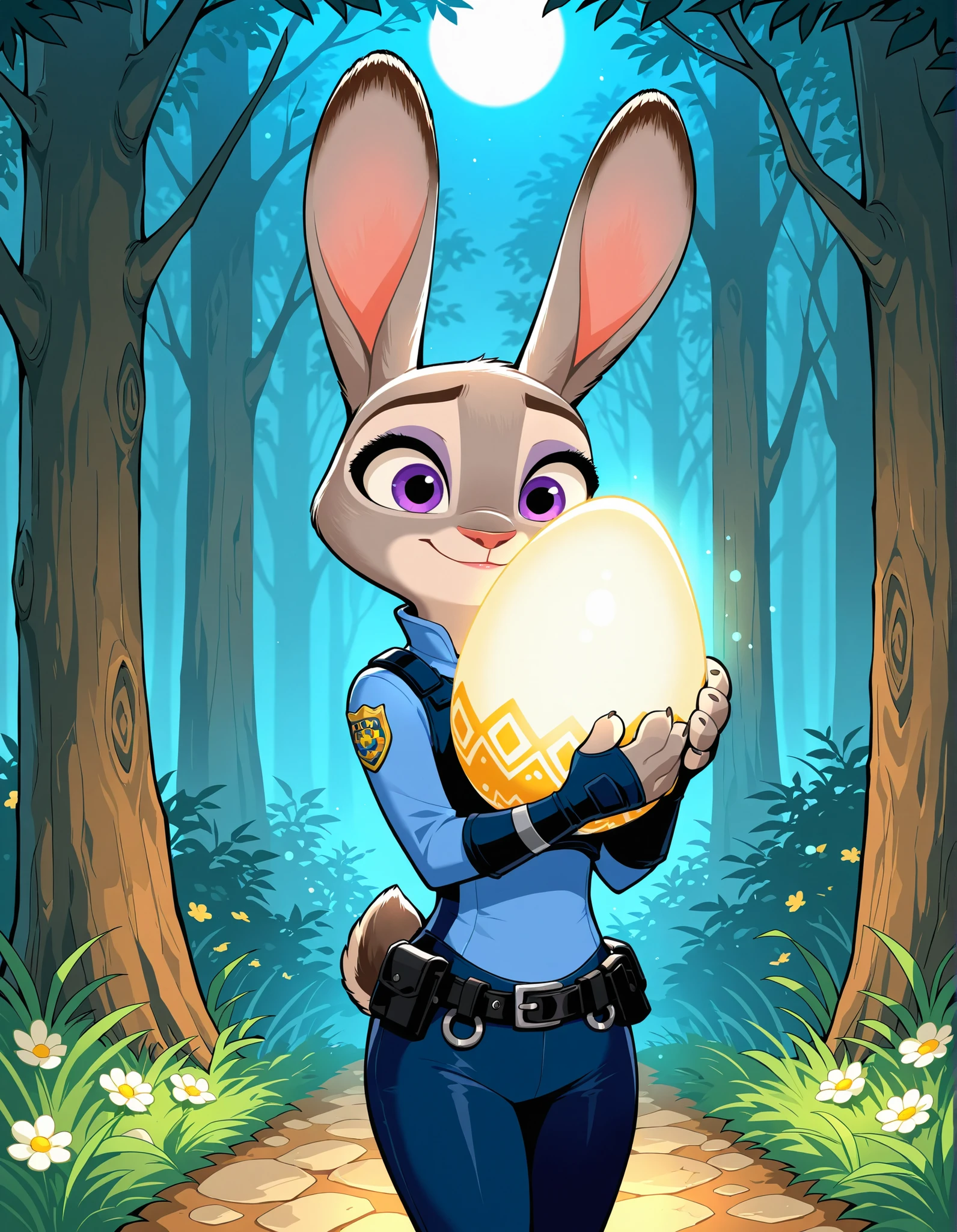 Zootopia Judy，Embracing a glowing egg，easter egg, Judy is wearing a  police uniform，behind it is a night view of a forest