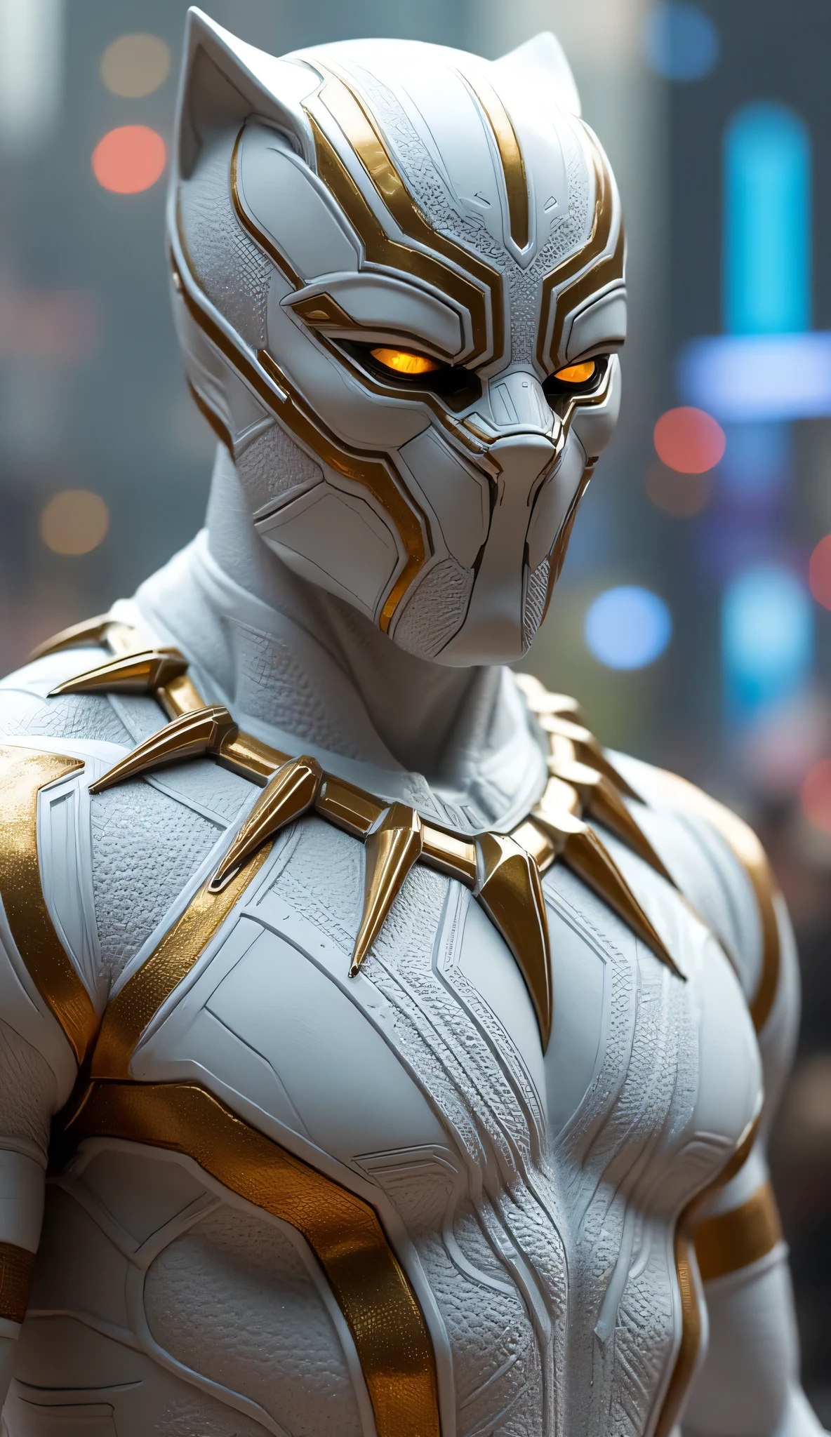 A hyper-realistic and anatomically correct close-up of a futuristic warrior inspired by Black Panther, wearing an intricately detailed suit in white and gold. The suit features ceremonial African patterns etched into golden armor plates over sleek white fabric, with sharp feline contours and panther-like facial design. The character is in a dynamic combat-ready stance, upper body and face in focus, glowing golden eyes and a fierce, intense expression. Muscular detail visible beneath the suit. Behind him, a blurred view of a futuristic Wakandan cityscape with glowing energy lines and high-tech architecture. Cinematic lighting, ultra-detailed textures and facial structure