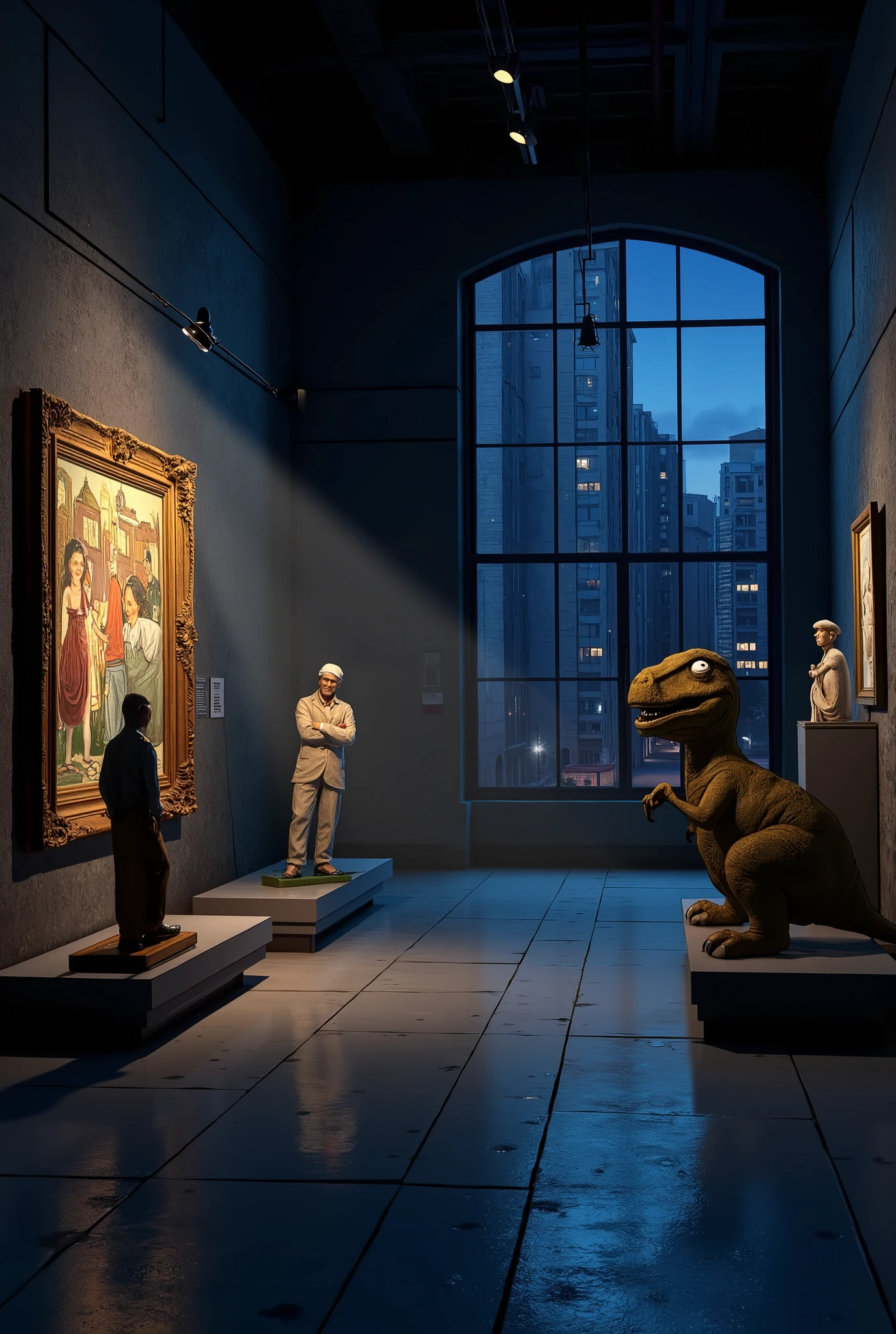 **Description:**
Create a modern gallery at night, in which the exhibits come alive and depict funny situations.
### Details:
1. **Umgebung:**
- **Architektur:** modern and minimalistic, large window, dark walls.
- **Beleuchtung:** Strategic spotlights emphasize the exhibits, soft light creates shadows.
2. **Lively exhibits:**
- **humorous presentations:** exhibits show funny scenes, z. B. eine Statue, die tanzt, or a painting, that reacts with exaggerated facial expressions.
- **Quirky interactions:** Dinosaurier, the coffee drinks, or a statue on a skateboard.
3. **Interactive elements:**
- ** light and shadow :** Strange effects due to moving shadows.
- **dynamic movement:** Exhibits seem to move, z. B. rolling eyes.
4. ** atmosphere:**
- **Humorous mood:** Light fog with shimmering points of light.
- **Farben:** vivid palette, that underlines the comedy.
5. **Emotional response:**
- **Laughter and wonder:** Einladende atmosphere, that encourages you to discover the funny details.
6. **Challenge for the viewer:**
- **Funny notes:** Humorous puzzles in the exhibits, that invites you to laugh.
### Technical Details:
- **Bildformat:** High resolution for clear details.
- **Fokus:** On humorous, lebendige