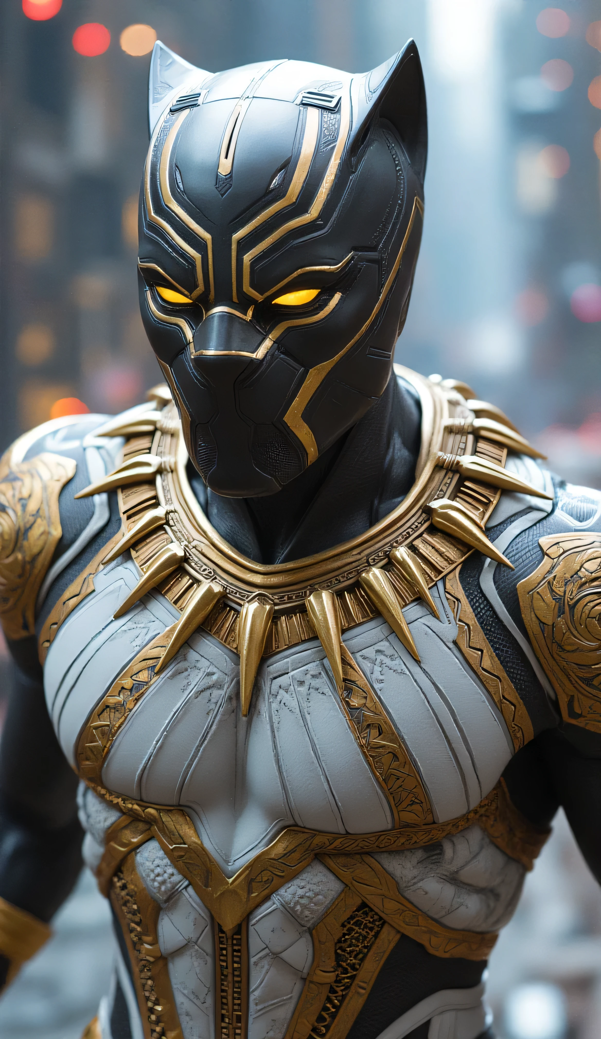A hyper-realistic and anatomically correct close-up of a futuristic warrior inspired by Black Panther, wearing an intricately detailed suit in white and gold. The suit features ceremonial African patterns etched into golden armor plates over sleek white fabric, with sharp feline contours and panther-like facial design. The character is in a dynamic combat-ready stance, upper body and face in focus, glowing golden eyes and a fierce, intense expression. Muscular detail visible beneath the suit. Behind him, a blurred view of a futuristic Wakandan cityscape with glowing energy lines and high-tech architecture. Cinematic lighting, ultra-detailed textures and facial structure