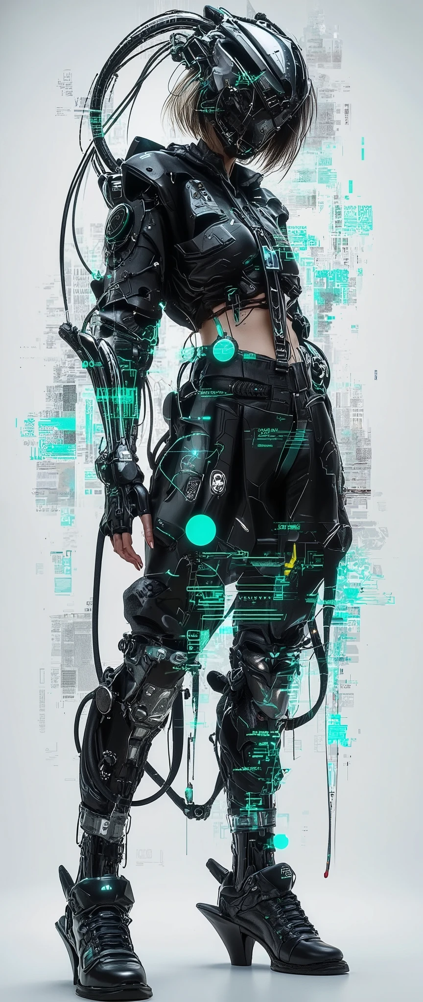 A stylized digital illustration of an unknown model girl with short, slightly tousled hair, wearing a cyberfooter jumpsuit and a headdress with wires attached to it. The caption in the form of buggy text at the bottom reads: "FASHION-3025.....". The jumpsuit looks like a cyborg body. The headdress covers the eyes and part of the face, resembling a cybernetic helmet. The character's body is slightly turned in a spectacular stage dynamic pose. The drawing is made in the glitch style, with effects of digital noise and distortion. The image is made mainly in turquoise-black tones with barely noticeable neon illumination.