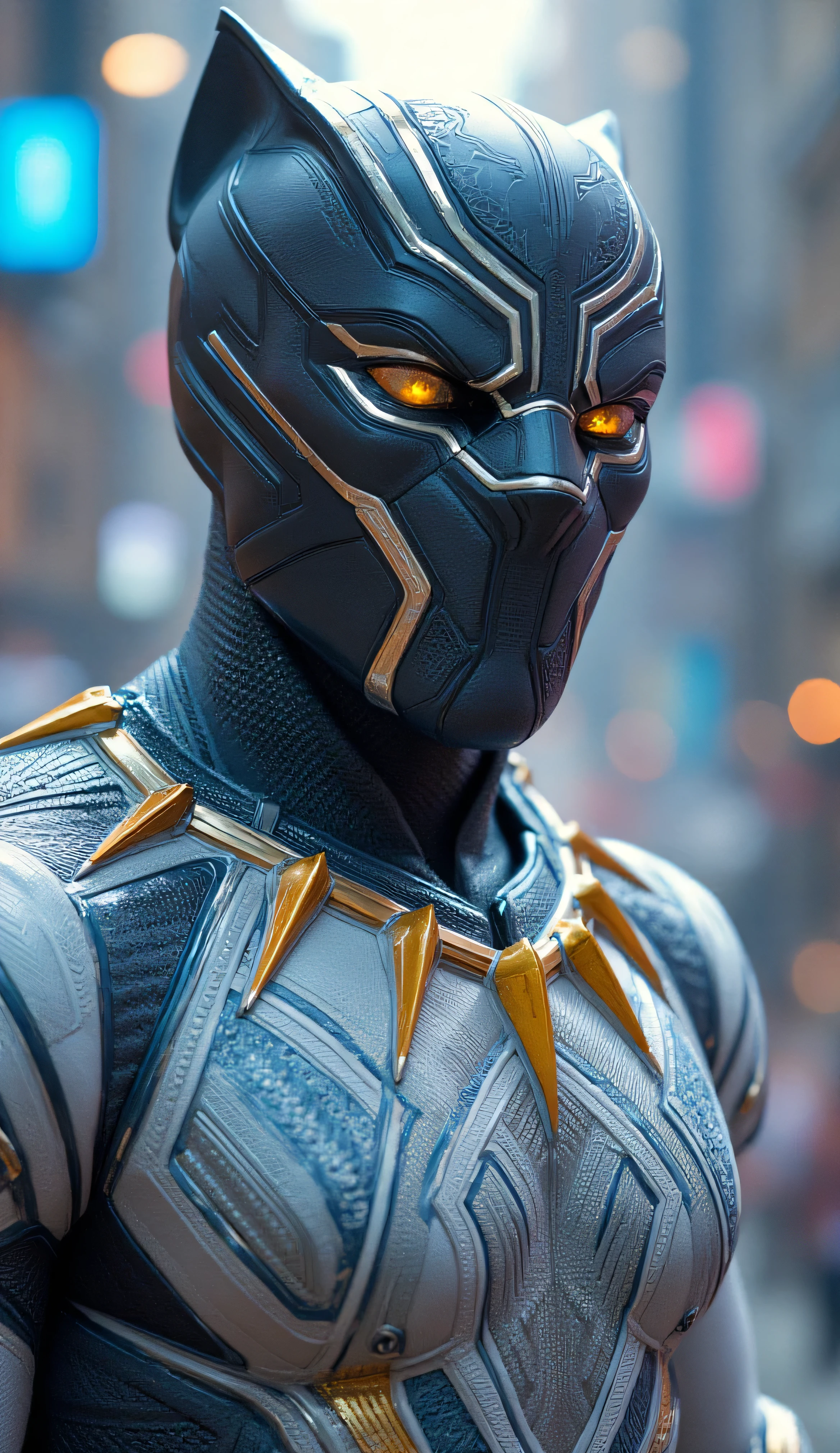 A hyper-realistic and anatomically correct close-up of a futuristic warrior inspired by Black Panther, wearing an intricately detailed suit in white and gold. The suit features ceremonial African patterns etched into sky blue armor plates over sleek white fabric, with sharp feline contours and panther-like facial design. The character is in a dynamic combat-ready stance, upper body and face in focus, glowing golden eyes and a fierce, intense expression. Muscular detail visible beneath the suit. Behind him, a blurred view of a futuristic Wakandan cityscape with glowing energy lines and high-tech architecture. Cinematic lighting, ultra-detailed textures and facial structure