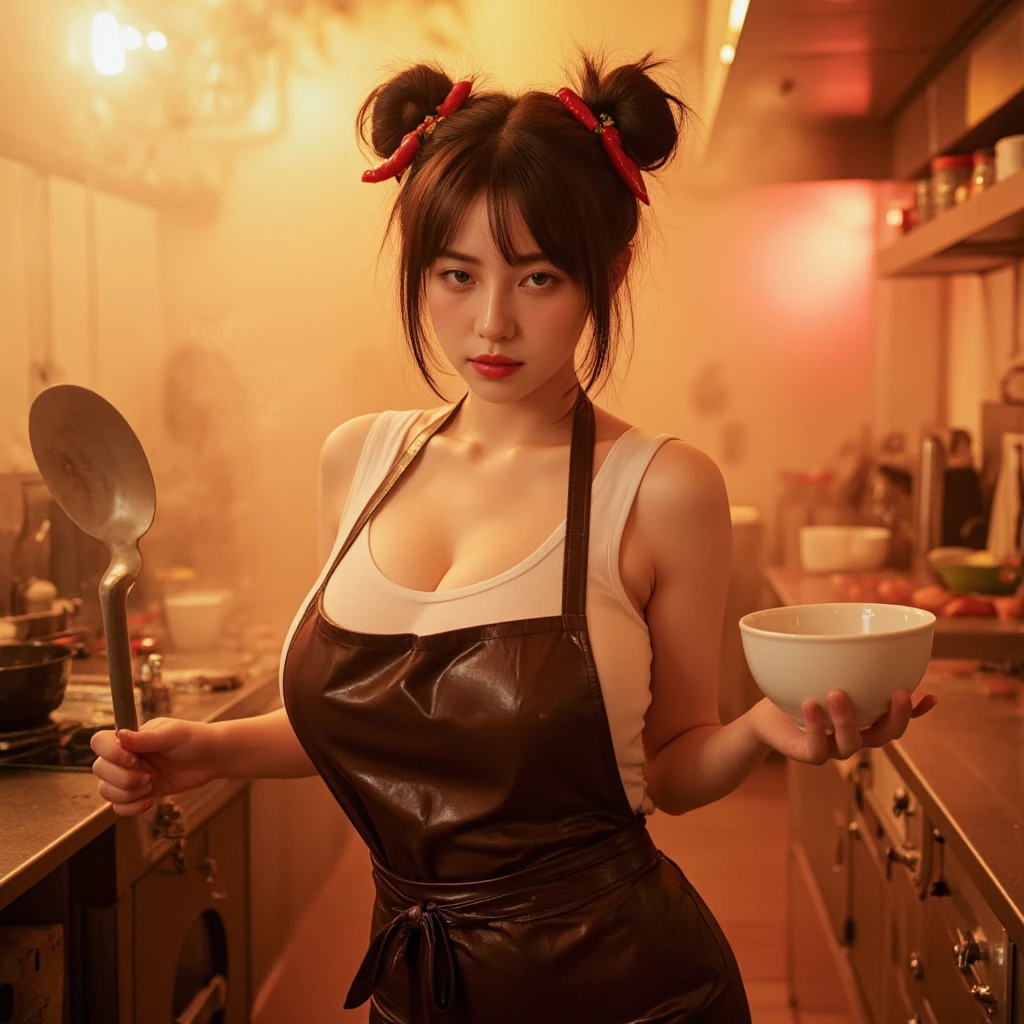(Best quality, high resolution, masterpiece: 1.3), a beautiful korean woman in hijab, plump body, big breasts, eating ramen, nastily, messy, years old, exposed suit, wearing tight satin swim shirt, vomiting mouth, Wearing Headphones, snow background, close up