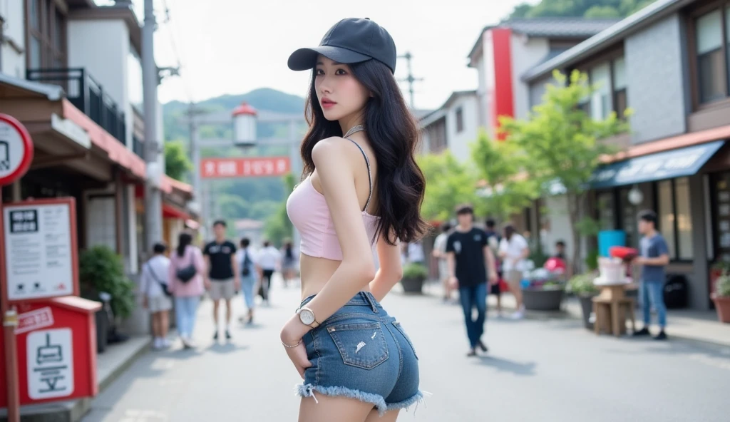 there is a woman that is looking out of a gate, young adorable korean face, Young and cute Asian face, young asian girl, A young Asian woman, Beautiful young Korean woman, wearing a baseball hat, portrait of a japanese teen, Young asian woman, Korean girl, wearing a cute hat, side portrait of cute girl, Chinese girl, Wearing a baseball cap。masterpaintings，Light makeup，Flaming red lips。ultrafine detailed，masterece-piece，Authentic texture，Cinematic lighting realism，perfect works，8K，Hi-Def，Delicate facial features。knicker，Hosiery。Pear-shaped body。Rounded buttocks，Slender little man's waist，Perfect waist-hip ratio。