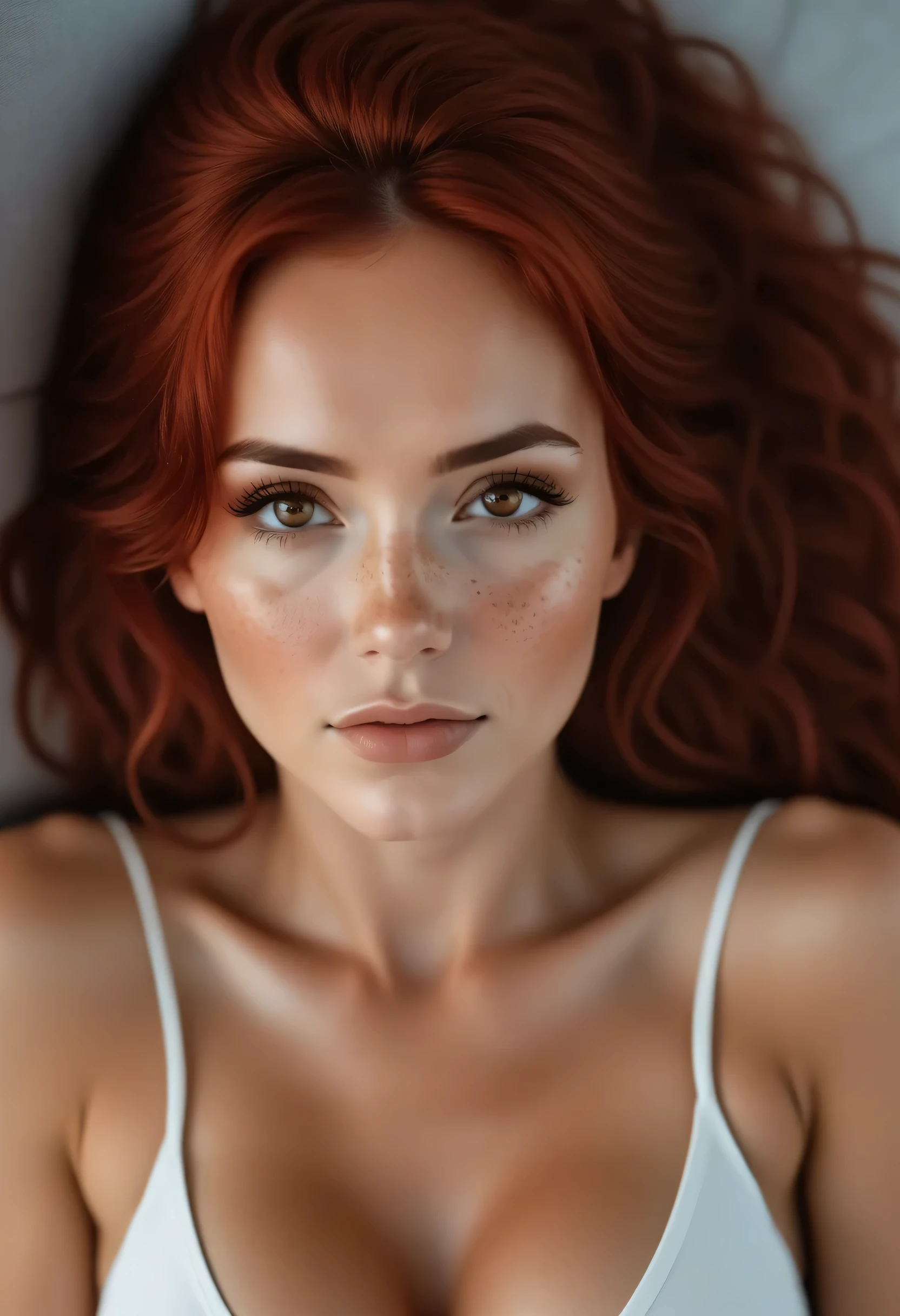 One gorgeous 20 year old woman with long red hair (with freckles), slim runner's body, B-cup breasts, brown eyes, neutral and thoughtful expression. missionary anal from above from front close up spreading legs legs up extreme close up no makeup on face