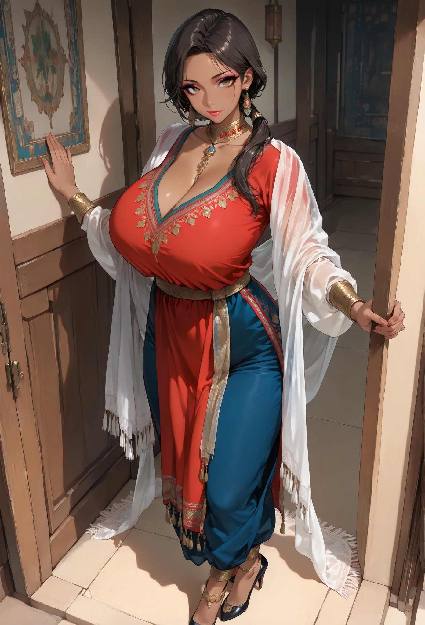 1girl, huge breast, black hair, green eyes,high quality, ultra detailed, masterpiece, realistic, gamis clothes,braid,standing, slightly fat arms , slightly fat belly 