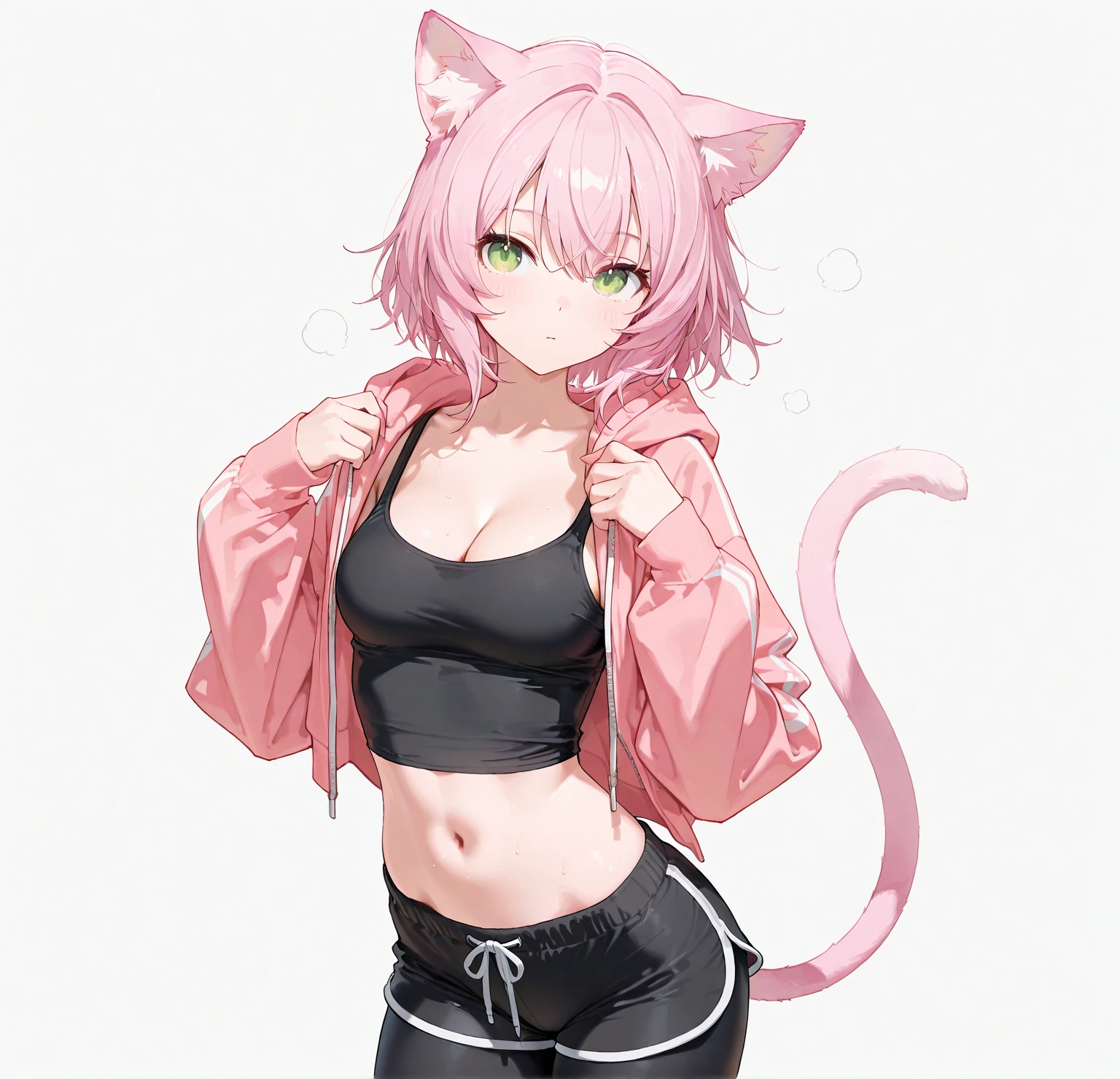 Girl, Pink Panther, short pink hair, yellow eyes, panther ears, tail, big breasts, exposed belly, short skirt, smile, sleepy eyes