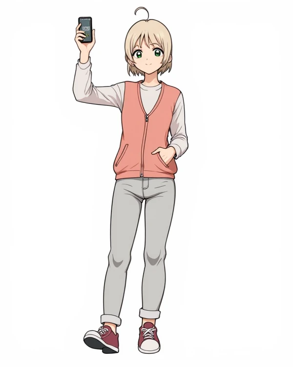pretty girl, Beautiful hair, casual, Minimalist clothes, full body, cute ,Cute bangs,, loose-fitting clothing, anime manga, Female,blouse, High Quality, jacket, winter colors , Simple , winter outfit, astetic , smile, 5 fingers, , super casual ,high resolution,