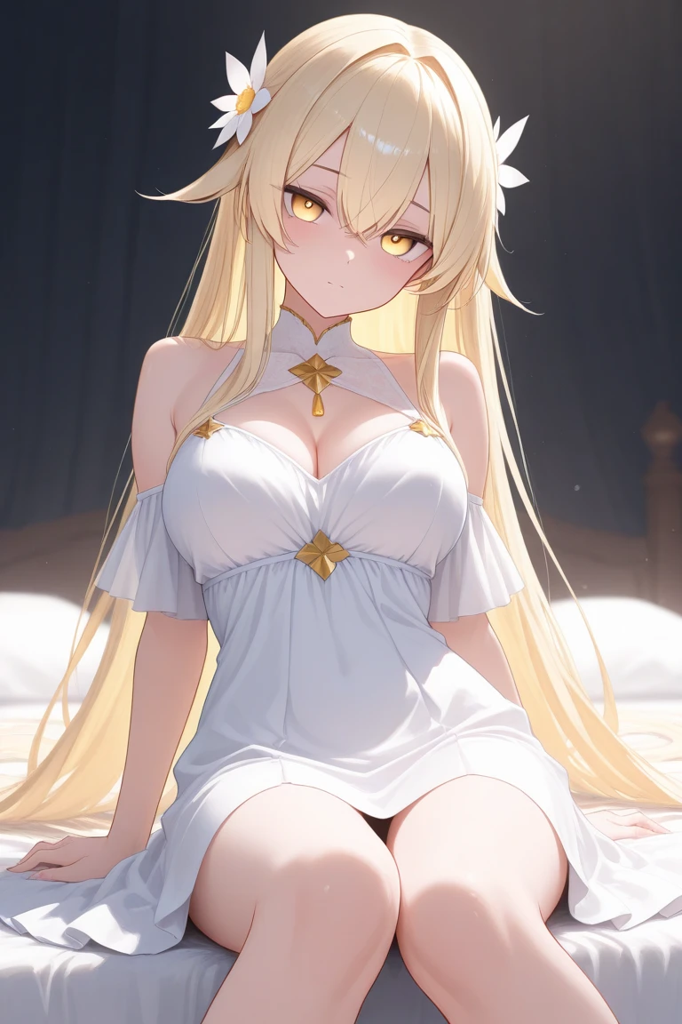 Anime character sitting on the bed with red curtains, Epic light novel art cover, Light novel cover art, Algeria Pendragon, Wear clothes, anime goddess, epic Light novel cover art, Violet Evergarden, seductive anime girl, vinland saga, pixiv 3dcg, Blonde long hair anime girl, blonde princess, Yuuki Asuna