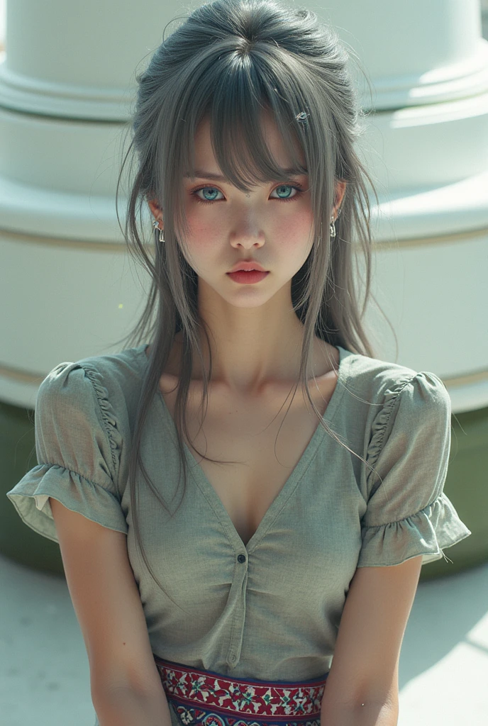 masterpiece, best quality, ultra-detailed, illustration,1girl, looking at viewer, best quality,depth of field,(opened mouth,light smile,green eyes:1.1),beautiful detailed glow , (apron:1.3),(hands behind back:1.3),(arms behind back:1.3),blaze (arknights),   