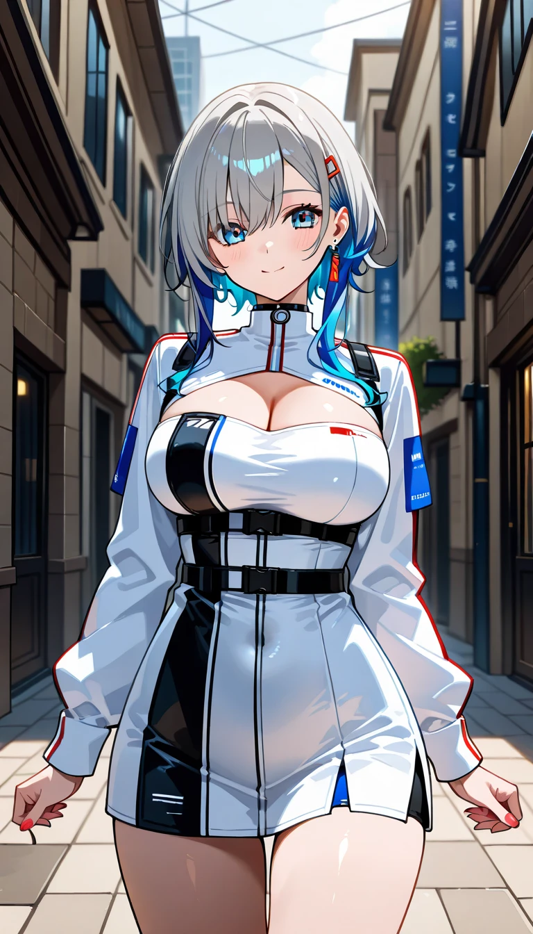 Create an anime-style illustration of a 17-year-old girl named Shizuka. She has long, straight, blue hair with bangs cut straight across her forehead. She has large, almond-shaped silver-blue eyes and porcelain-like white skin. Shizuka often wears glasses.Getting ready in the morning、Super big breasts、(Highest quality:1.4), (super high quality), (Very detailedな), 1 beautiful girl, So cute, (Very large breasts:1.1), (Slender body:1.1), (thin and delicate legs), Real skin texture, (Drop your bangs to the side), Bright and shiny lips, Advent of the Beautiful Goddess, Beautiful background, Golden Ratio, Conceptual Art, Very detailed, Accurate, Advanced Details, Outdoor, Sexy Art, Bright light, Ultra-detailed illustration details, 8K wallpapers incorporating highly detailed CG, RAW Photos, Professional photos, Cinema Lighting, , (Nipple protrusions push up the uniform),mini skirt、turtleneck