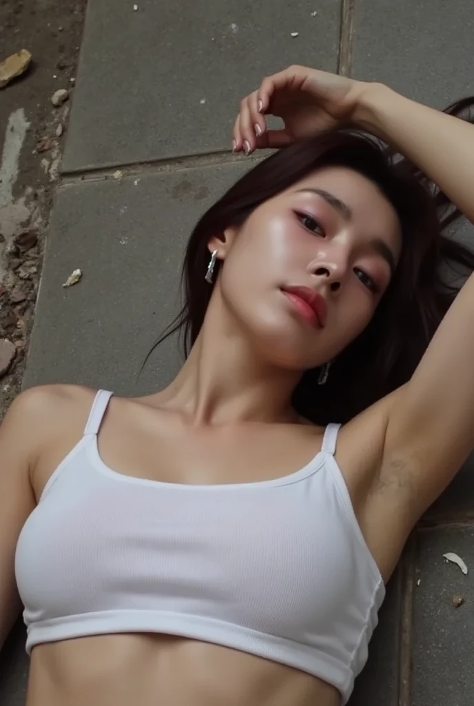 (RAW photo, best quality, masterpiecel1.47), (realistic, photo-realistic:1.35),Ace, 4k, High Resolution, Masterpiece, Best Quality, Head:1.3, Korean(K-pop Idol), Fine Skin, Sharp Focus, ((erectnipples)), (Cinema Lighting), Clavicle, Morning, Soft Light, Dynamic Angle, [: (detailed face:1.2):0.2], armpit wrinkles, thigh gap, dynamic pose(open legs, spread legs:0.9), (solo), (black(loose and oversized)cami), ((high legs cut)lace panties), slim, natural(small-breasts), cleavage, full body, erotic, ((erectnipples)), (female pubic-hair:1.35), (puffy eyes:1.3), (slim legs),