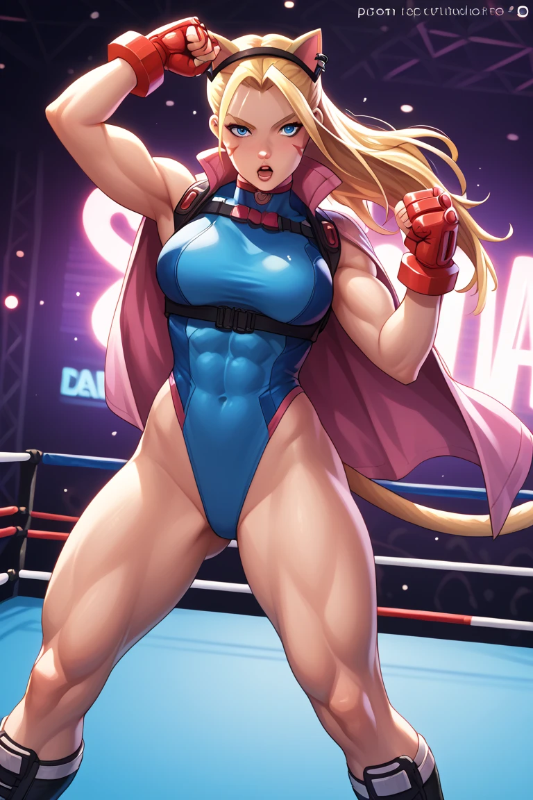 Street fighter, Rainbow Mika, vibrant colors, powerful moves, intense combat, dynamic poses, professional illustration, high energy, action-packed, attention to detail, muscular physique, confident expression, dramatic lighting, realistic 3D rendering, exaggerated proportions, visually stunning, fierce competition, cheering crowd, tournament setting, iconic special moves, flying kicks, high kicks, grappling techniques, wrestling ring, energetic backdrop, dynamic camera angles, intense facial expressions, sweat and determination, victory pose, warrior spirit, signature costume, wrestling mask, energetic atmosphere, vibrant and lively, power and strength, electrifying performance