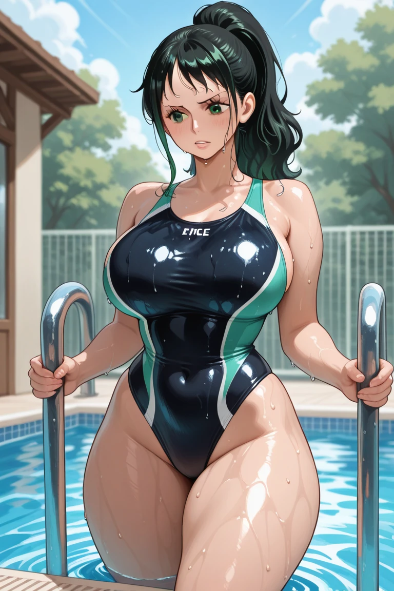 balsamique, masterpiece, best quality, 1girl, breasts, solo, poolside, dark green hair, large breasts, one piece swimsuit, legs in water, ripples, huge ass, splashing, pool, noon, clouds, raining, thunder, floaties, sitting on edge of pool, raindrops, overcast