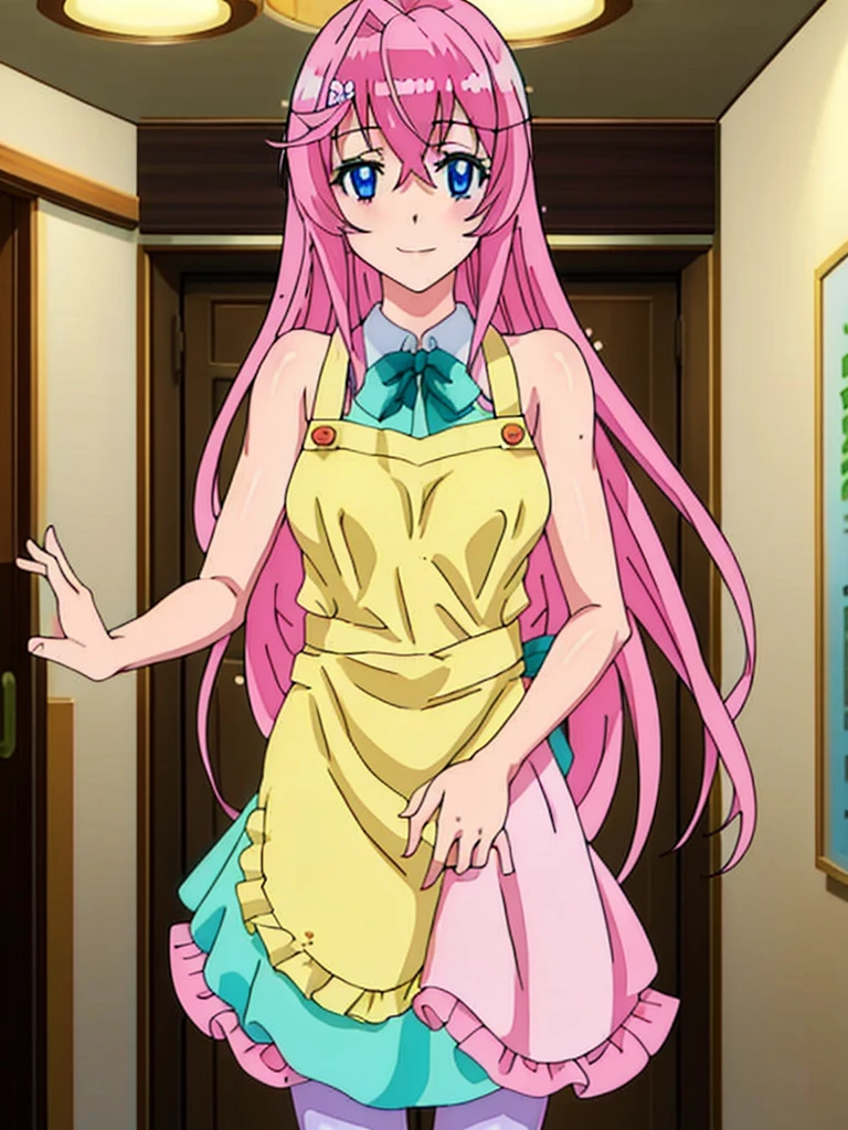 masterpiece, best quality, otome, 1girl, smile, happy, blue eyes, Pink haired, long hair, fit body, slender body, (correct anatomy), big boobs, green bow, white shirt, yellow apron, red miniskirt, green pantyhose, both hands hidden, both hands behind the back,