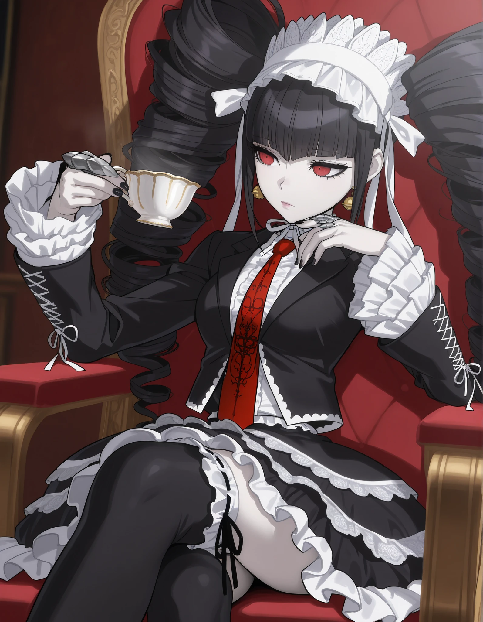 anime screencap, masterpiece, best quality, amazing quality, very aesthetic, absurdres, newest, celestia ludenberg, 1girl, solo, long hair, expressionless, lips, bangs, white shirt, black hair, red eyes, long sleeves, holding, twintails, looking at another, sitting, bell earrings, frills, print necktie, black thighhighs, black skirt, nail polish, cup, black jacket, drill hair, crossed legs, frilled sleeves, red necktie, black nails, holding cup, twin drills, teacup, gothic fashion, layered skirt, bonnet, claw ring, frilled thighhighs, frilled skirt, pale skin, medium breasts