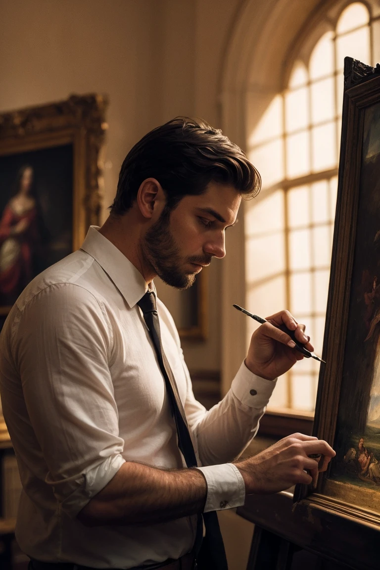 Create an image of a man quietly painting a picture