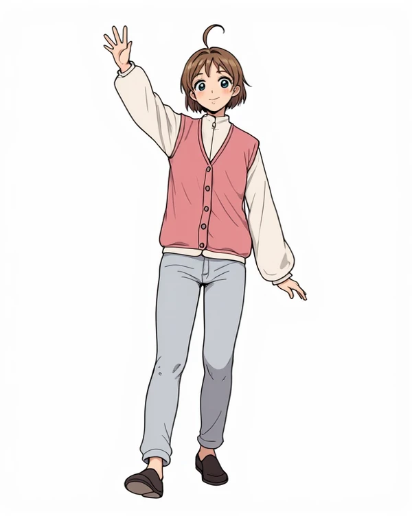 pretty girl, Beautiful hair, casual, Minimalist clothes, full body, cute ,Cute bangs,, loose-fitting clothing, anime manga, Female,blouse, High Quality, jacket, winter colors , Simple , winter outfit, astetic , smile, 5 fingers, elegant casual ,high resolution,