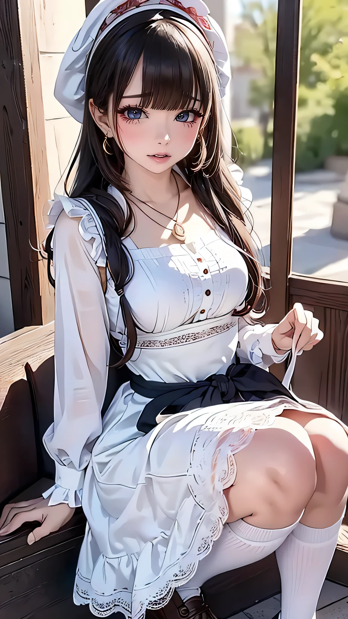 realistic, High resolution, 1 female, alone, hip up, show viewer, (detailed face), gray hair, long hair, Maid clothes, jewelry、）（off shoulder）、（((Raise the skirt to the chest))）、）（Panty shot）（（Black lace panties visible））