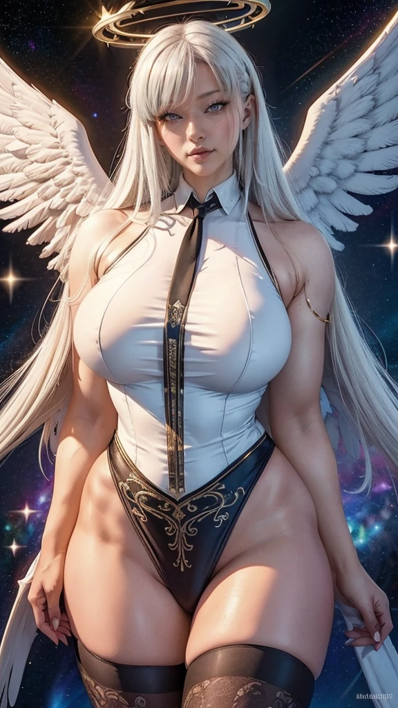 ((descending from sky))((majestic, Magnificent, celestial, floating above ground)) ((pale skin)) ((beauty smile)) ((posing innocent)) ((beautiful russian supermodel is a celestial angel)) ((Big bright blue eyes)), ((dark eyeshadows make up)) ((bright red lipstick)), ((with innocent gaze)) ((very long straight
platinum blonde hair)) ((big breast:1.5)) ((skinny body:1.3)) ((wears fantasy white corset)) ((tiny string thong bottom with gold ornament, long fabric tail)) ((long gloves, thigh high stocking)) ((halo of light over her head and behind her)), (((three pair of big white wings))) ((glowing magic sparks particles floating around))((with black sky background and white light reflectors on her)), ((high definition:1.5), ((amazing lights and shadows)) ((masterpiece:1.5))((8k:1.5)) ((Best quality:1.4)), more_details:-1, more_details:0, more_details:0.5, more_details:1, more_details:1.5, more prism, vibrant color,