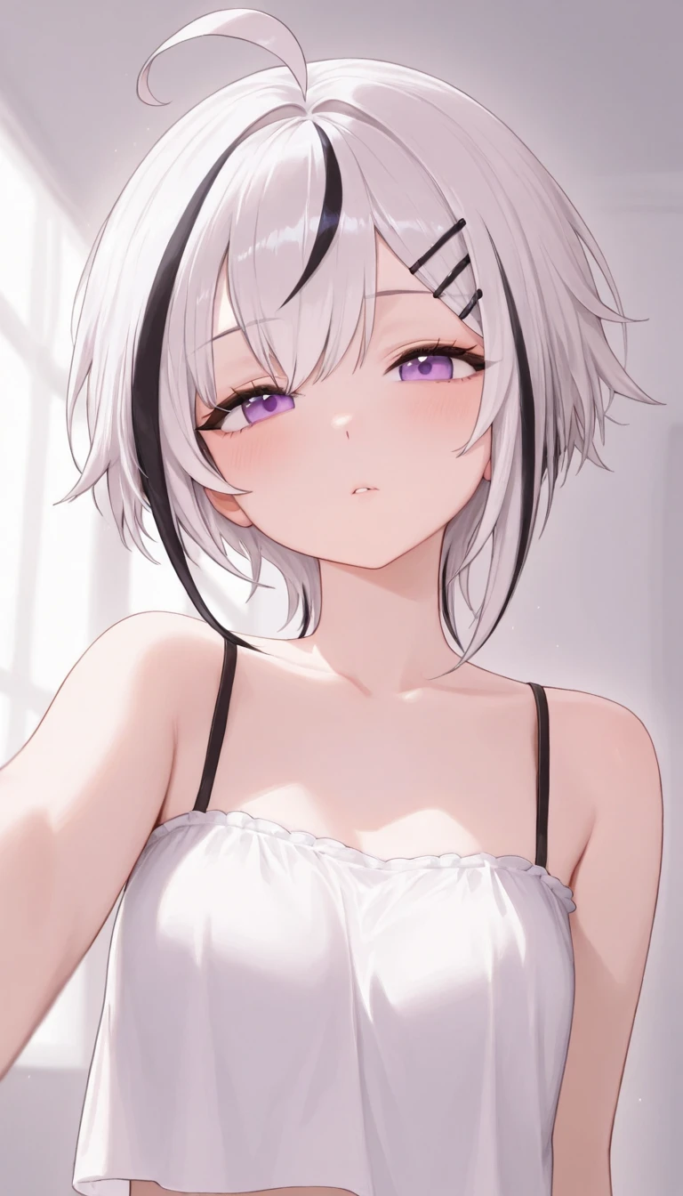 nafw,(2 girls:1.3),(duo),breast,absurdres,best quality,very aesthetic,absurdres,bra,(light silver White hair),太もも,(purple bra),(straight-on),