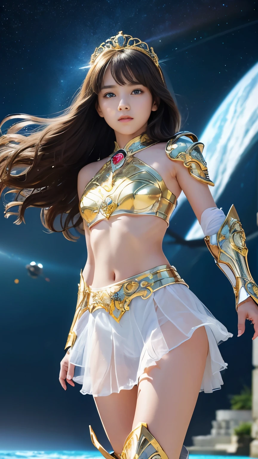 masterpiece, 8k, 最High Quality, intricate details, ultra detaileds, 超high resolution, (makeup: 0.4), (ふわふわのblue eyes: 1.21), ((full body)), ((muscles: 1.1)), (( orbital space: 1.3)), standing, high resolution, ultra detailed, EF24-70mm f/2.8L II USM, 最High Quality, High Quality, 1 girl, Japanese girl, alone, cute, beautiful, charming,tiara、Bare hips in a flipped skirt、(Fuck a naked hip from below)、 (((Fuck a short, fluttering see-through skirt from below))), 18 years old, 若い女性がstanding, Realistic constellations floating on the sea with a Greek temple in the background, Gold, wavy hair with a graceful expression, soft flowing hair, Realistic details, Smooth face, blue eyes, (Shiny purple armor, Armor with gold engraving, curved shoulder brace , arm guards, short see-through layered skirt), Short wavy skirt, The chest section of her armor is shaped like a curved board that follows the contours of her body、body floating on the sea with a Greek temple in the background, Created with, Lightweight metal boots with foot guards, sleek design, It is created with hair that is gently wrapped around the neck and flutters in the wind. The style of this illustration is、blue sky and white clouds, Metal texture of the armor, Softness of the scarf, And natural light reflecting off the water.(((A very young looking girl:1.4))),nsfw