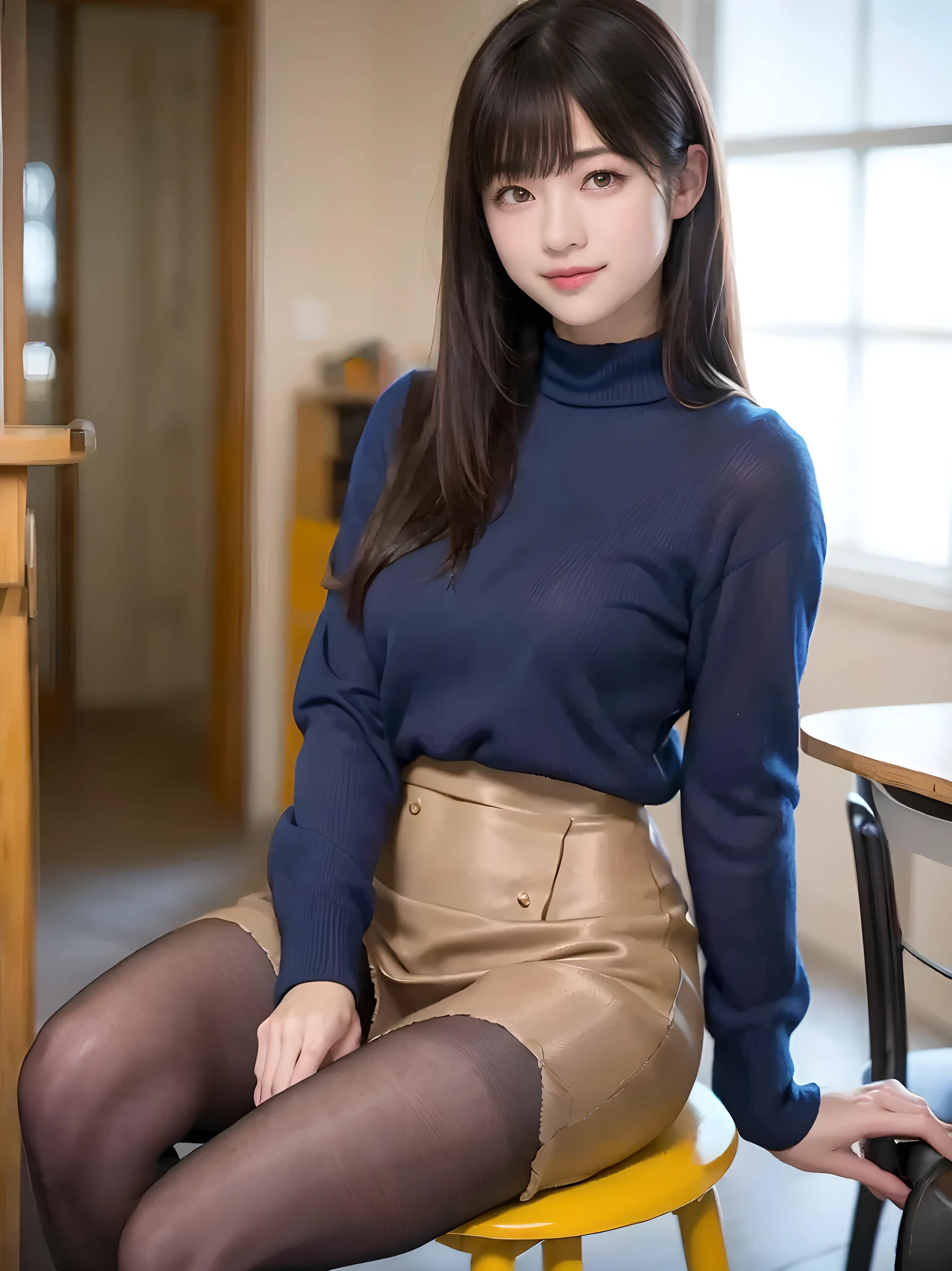 事務室で働くgirl, sitting on a office chair, (realistic, realistic: 1.37), (masterpiece), ( best quality: 1.4), ( ultra high resolution: 1.2), ( RAW photo: 1.2), ( sharp concentration: 1.3), ( facial focus : 1.2), elegant, (full body: 1.2), best quality, masterpiece, ( realistic: 1.2), girl, brown hair, brown eyes , Front, detailed face, Beautiful Eyes, Pleated mini skirt , ( Super realistic Pantyhose :1.3), sit on a chair、Intense smile, Lots of Lashes, high heels , very beautiful, thigh high socks,