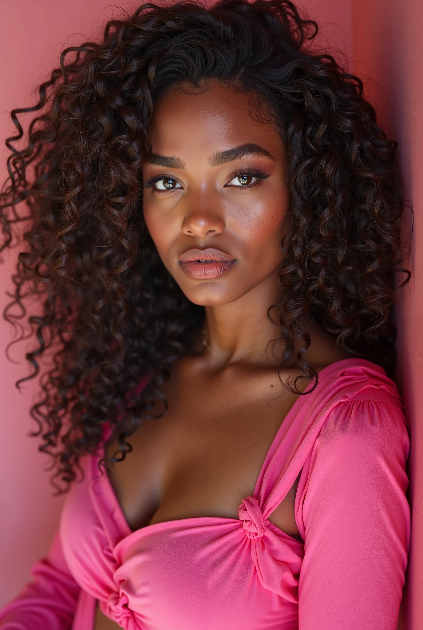 Completely Arafed woman with green eyes, wearing a pink dress in her room. Beautiful pink dress. Full-length photo of woman in pink dress. beautiful young black woman with dark skin, black Brazilian mixed race, beautiful 30 year old Afro-Latina girl, beautiful African and Latina, Brazilian and Angolan descent, a black woman, mixing African and indigenous features, a unique mix of indigenous, African and European ebony . The hair is extremely curly, with well-defined and voluminous curls. The natural texture. Her hair is long, falling in voluminous waves around her shoulders and down her back. The hair has a lot of volume, creating a full, dense appearance. The hair is black. green eyes, eye is green, green and expressive eyes, beautiful green eyes, realistic green eyes, detailed green eyes (eyeliner, long eyelashes). Perfect eyebrows and are thick. the nose is small and proportional, beautiful face. Attractive and irresistible mouth, well-defined lips, full lips, voluminous lips, seductive lips. The face is oval, with high cheekbones and a well-defined chin, a beautiful and detailed face. Professional, dramatic makeup, a more impactful look with shadows that accentuate the captivating look, Striking makeup, with eyeliner, black lipstick. Skin tone: Olive skin, healthy and with uniform shine, with olive skin, dark skin, ???? girl with skin brunette, detailed skin texture, beautiful and glowing skin, intricate details, smooth skin, healthy and radiant appearance. A woman has a well-defined and athletic body. Her silhouette is shapely, highlighting a thin waist in contrast to fuller ???? and bust. She has a prominent bust, with large, firm ???????, silicone ???????, voluminous ???????. Thin waist. The ???? are wide and well-defined, with a pronounced hourglass shape and a ??????????. The legs are long and muscular, with well-defined thighs. 50 mm lens, f/2.8, hdr, (8K) RAW photo, high quality resolution 8K uhd, dslr, 2k, 4K, 8K, 16K.
