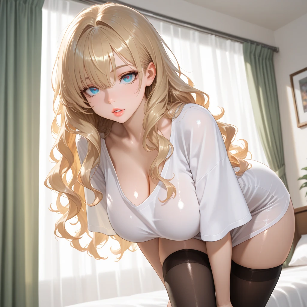 1 girl, solo,sitting on bed, holding, Big round breasts, curvy hips, hourglass waist, realistic, bright blonde hair, light green eyes, amazing big eyes, eye details, eyebrow details,pyjamas, parted lips, blush, confident, dominant, bdsm, smirk, naughty, mischevious face, HD, good 