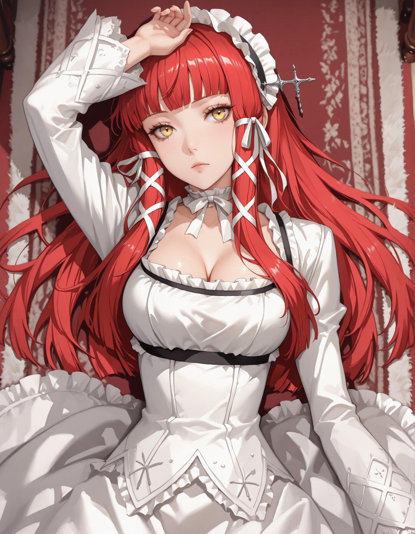 score_9, score_8_up, score_7_up, source_anime, 1girl, solo, lying, lying down, expressionless, morimee_style, y0shino, long hair, red hair, blunt bangs, hair ribbon, white ribbon, tress ribbon, yellow eyes, frilled hairband, headdress, frills, white dress, frilled dress, layered dress, bow choker, white choker, frilled choker, white bow, cleavage, hand on own forehead, mansion, victorian mansion, carpet, from above, pov, looking at viewer, artist:moriimee, masterpiece, cowboy shot