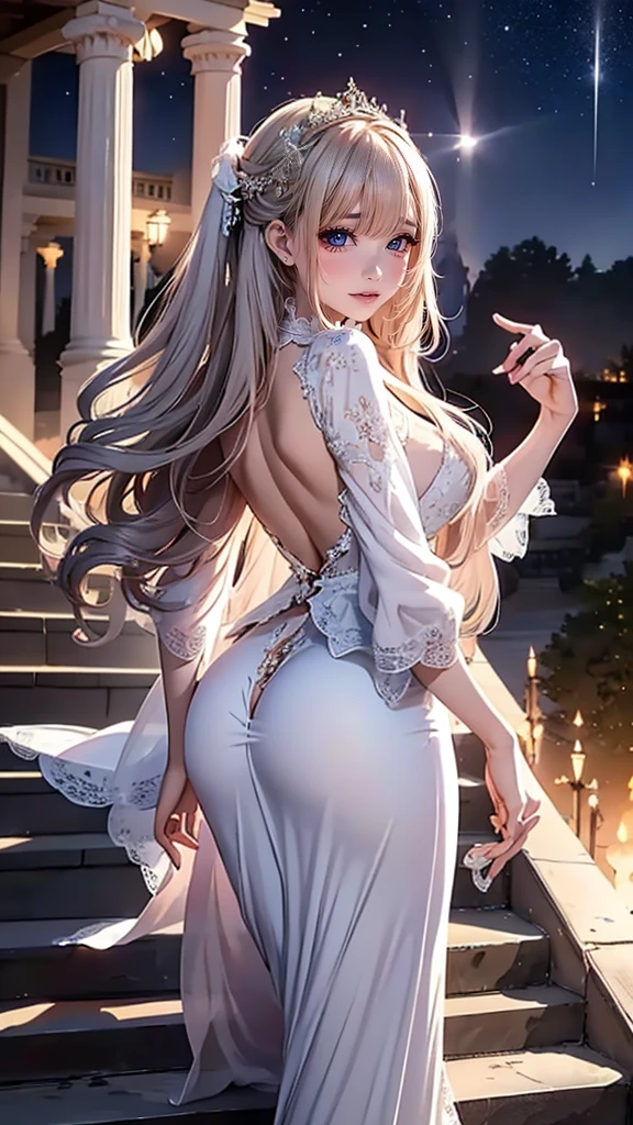 1girl, white hair, green eyes, from behind, looking back, pussy, ((hourglass figure)), ((black lingerie)), ((lingerie)), (black tights), ((thick thighs)), ((naked pussy))